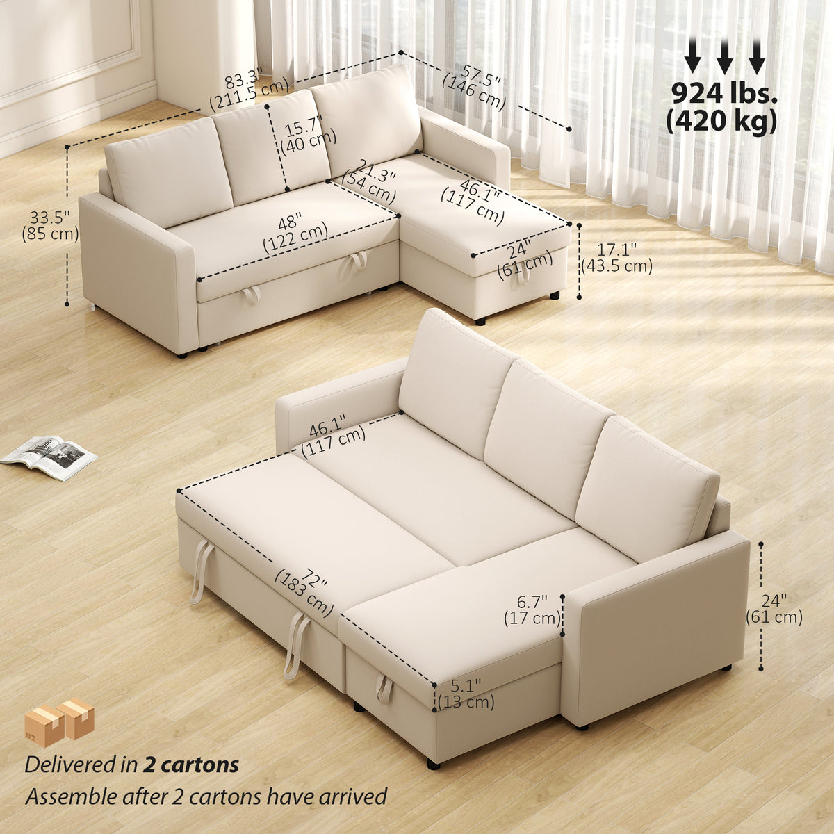 83" Sofa Bed, Convertible Pull Out Sleeper Sofa, Linen L Shaped Sectional Couch with Reversible Storage Chaise, Wide and Deep Seat for Living Room, Apartment, Cream White