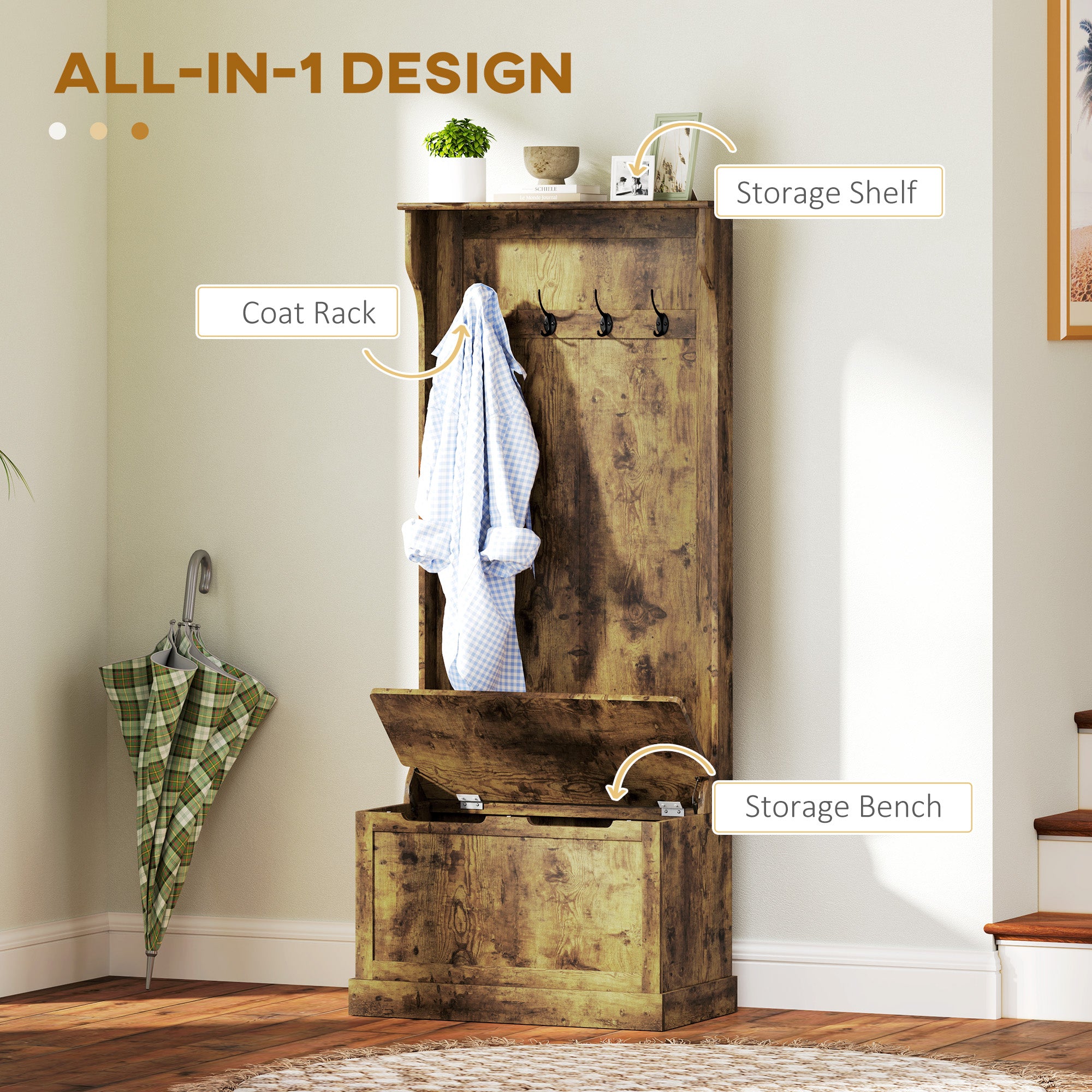 4-In-1 Hall Tree with Bench, 28" Coat Rack with Flip Top Storage Box, 4 Hooks and Top Shelf for Entryway, Hallway, Living Room, Rustic Brown