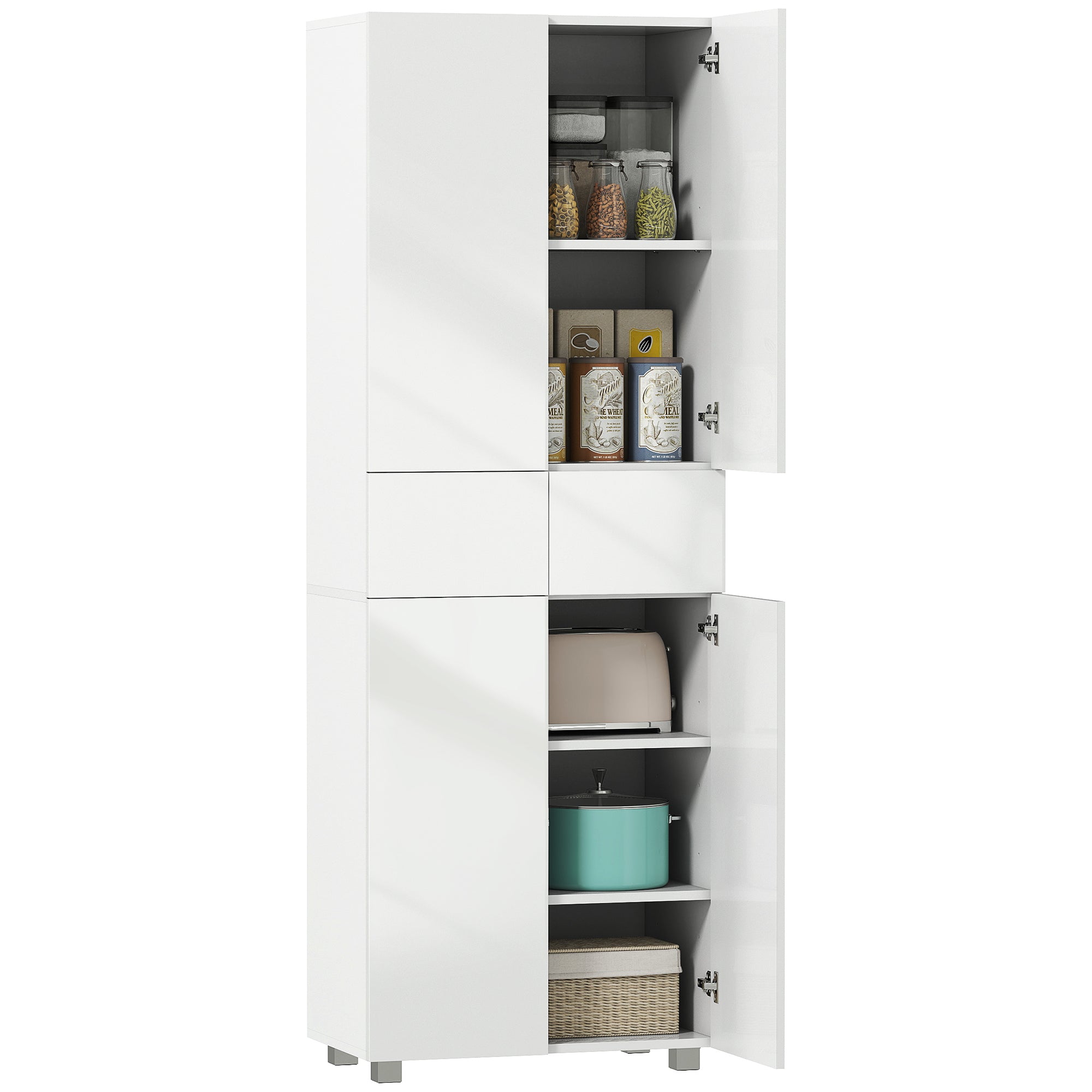 4-Door Kitchen Cupboard, Tall Freestanding 5-Tier Storage Cabinet with 3 Adjustable Shelves, 2 Drawers for Living Room, Dining Room, Push to Open Design, High Gloss White