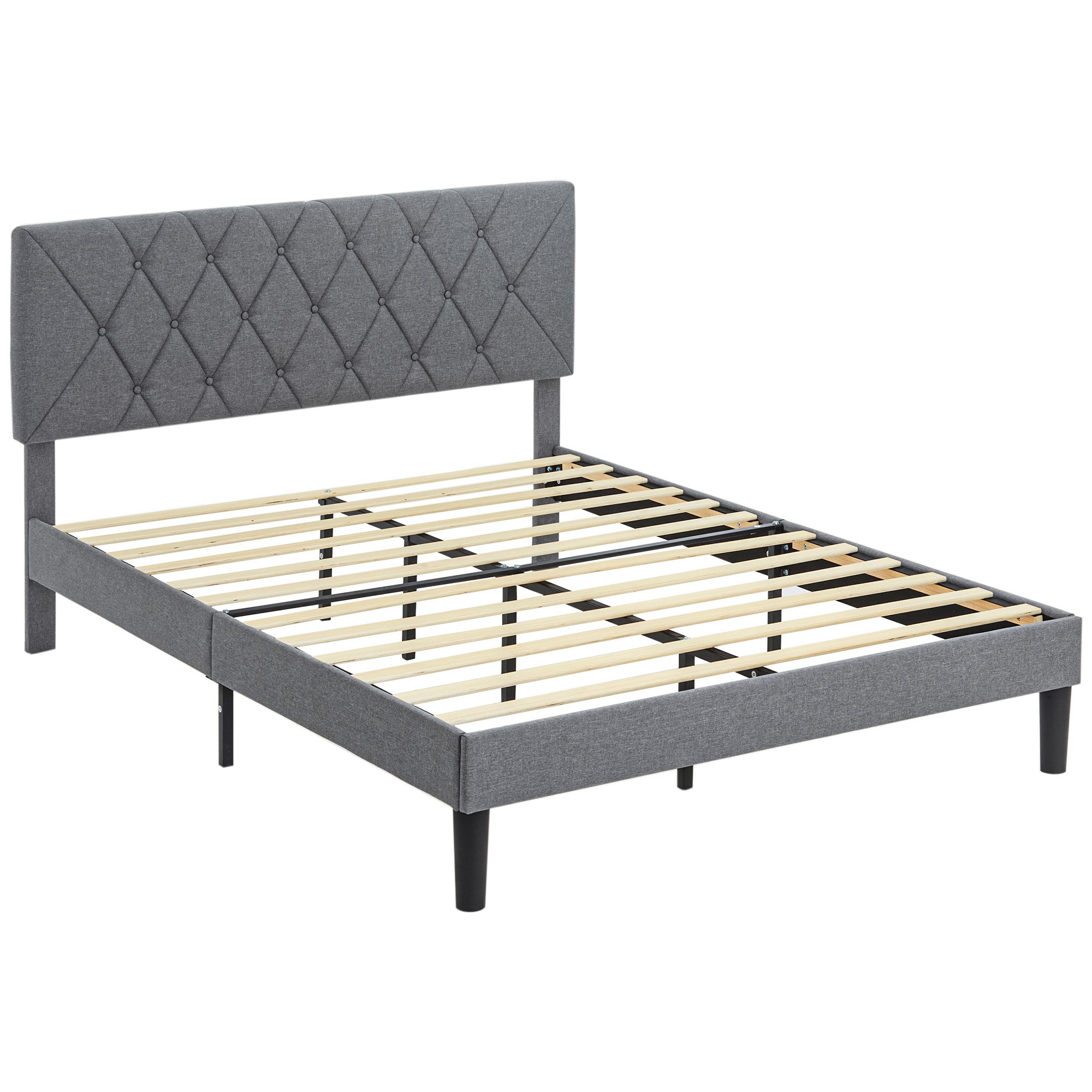HOMCOM King Size Bed Frame with 5-Level Adjustable Linen Upholstered Headboard, Wooden Slats Mattress Foundation, No Box Spring Needed, Grey