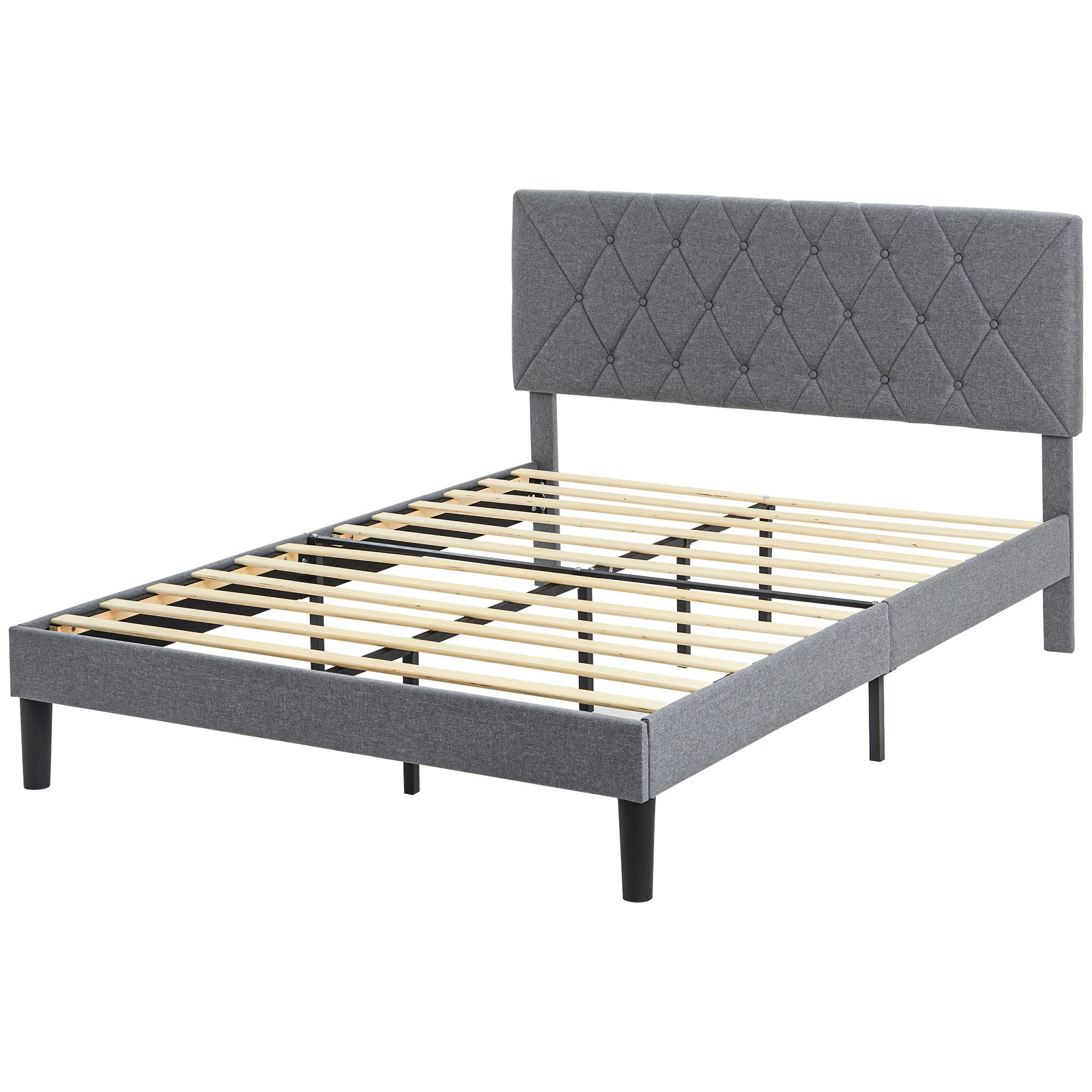 HOMCOM King Size Bed Frame with 5-Level Adjustable Linen Upholstered Headboard, Wooden Slats Mattress Foundation, No Box Spring Needed, Grey