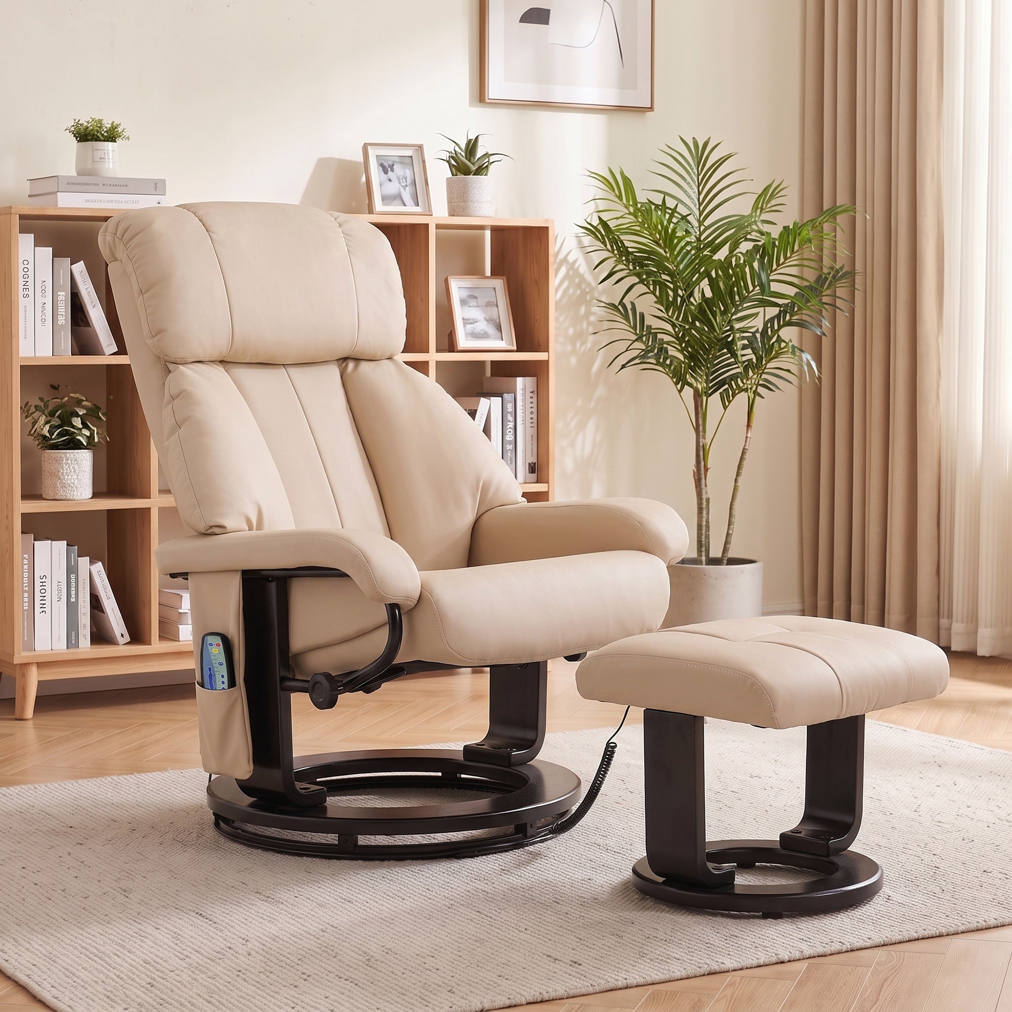 Massage Recliner Chair with Ottoman, 360° Swivel Recliner and Footstool, 10-Point Vibration, PU Leather Reclining Chair with Remote Control, Beige