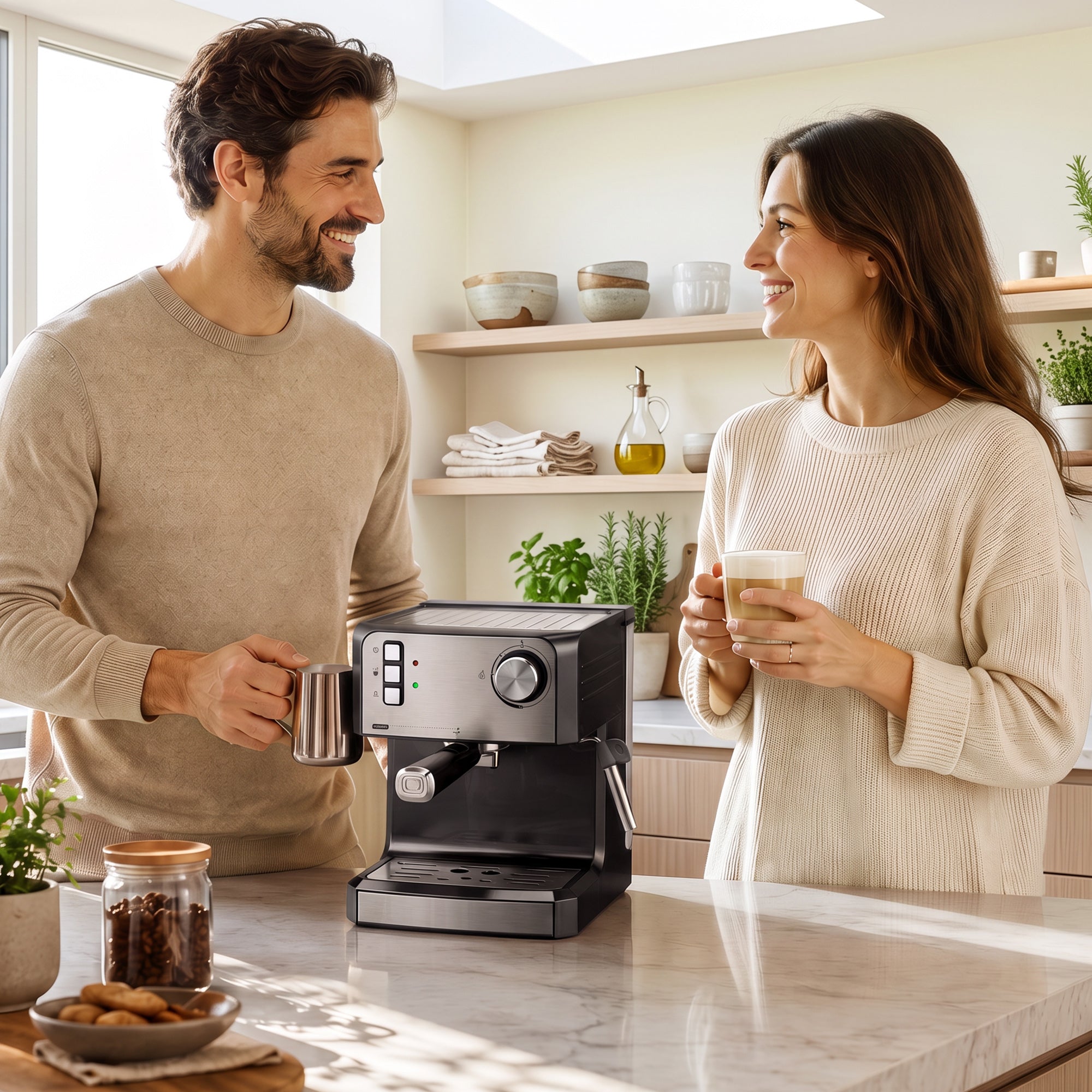 Espresso Machine with Milk Frother Wand, 1.6 L Water Tank, 850W Semi Automatic 20 Bar Coffee Machine, Latte and Cappuccino Maker with Double Shot, Hot Water, Cup Warming, Black and Silver