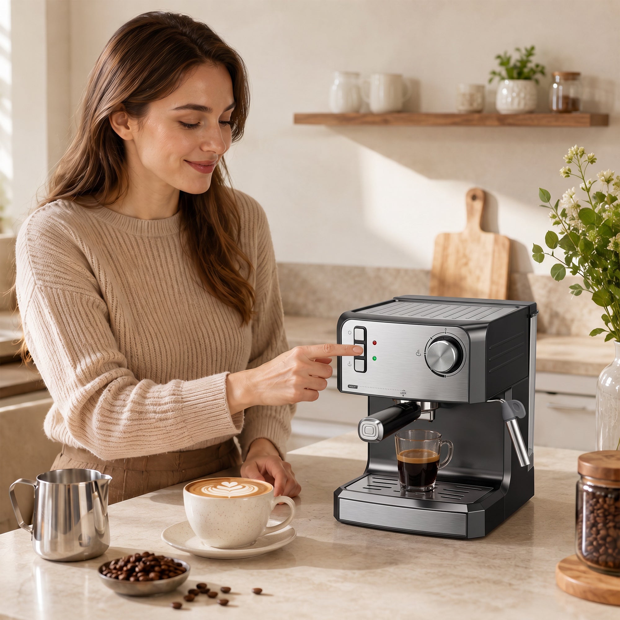 Espresso Machine with Milk Frother Wand, 1.6 L Water Tank, 850W Semi Automatic 20 Bar Coffee Machine, Latte and Cappuccino Maker with Double Shot, Hot Water, Cup Warming, Black and Silver