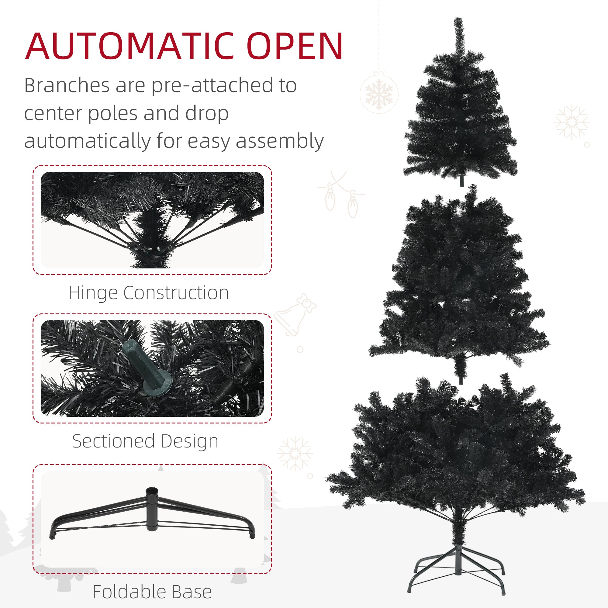 7.5ft Unlit Artificial Christmas Tree, Xmas Tree with 1346 Branch Tips, Auto Open and Steel Base, Holiday Decoration for Home Office, Black