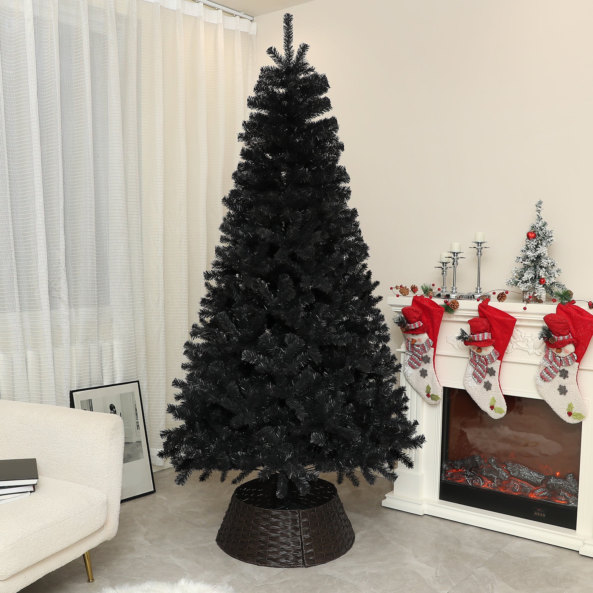 7.5ft Unlit Artificial Christmas Tree, Xmas Tree with 1346 Branch Tips, Auto Open and Steel Base, Holiday Decoration for Home Office, Black