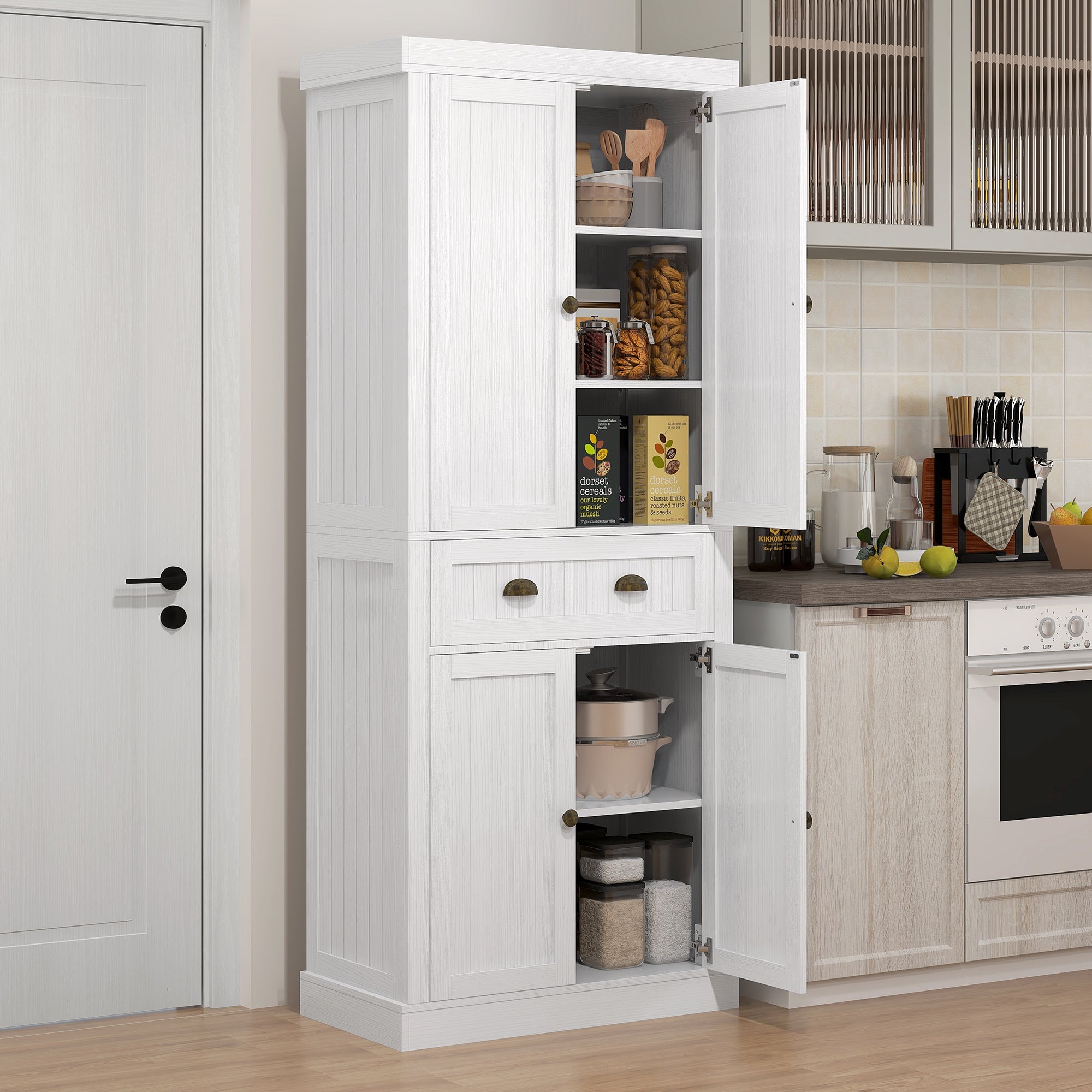 72" Kitchen Cabinet Pantry Cabinet with 4 Doors 2 Adjustable Shelves White