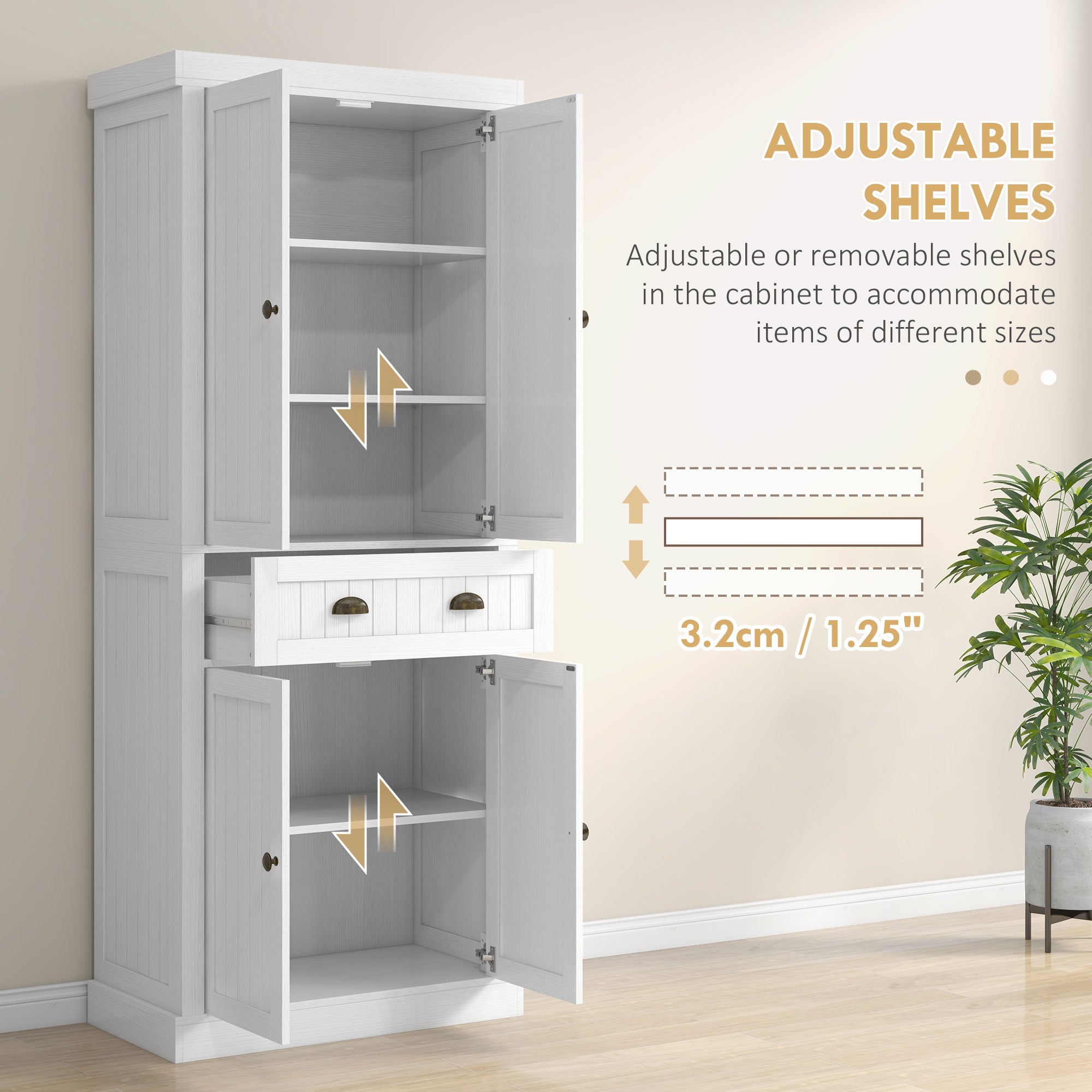 72" Kitchen Cabinet Pantry Cabinet with 4 Doors 2 Adjustable Shelves White
