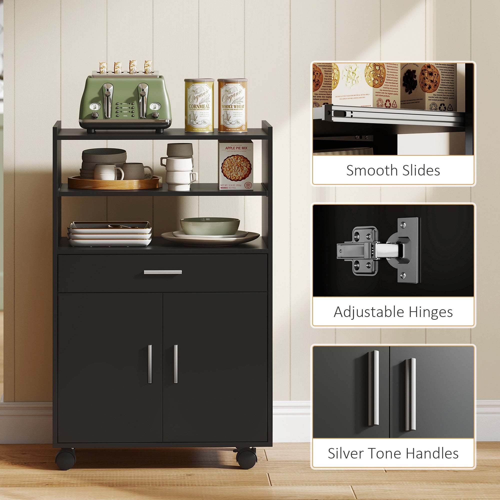 Microwave Cart with Wheels, Microwave Stand with Worktop, Open Shelves and Drawer, Storage Cabinet, Black