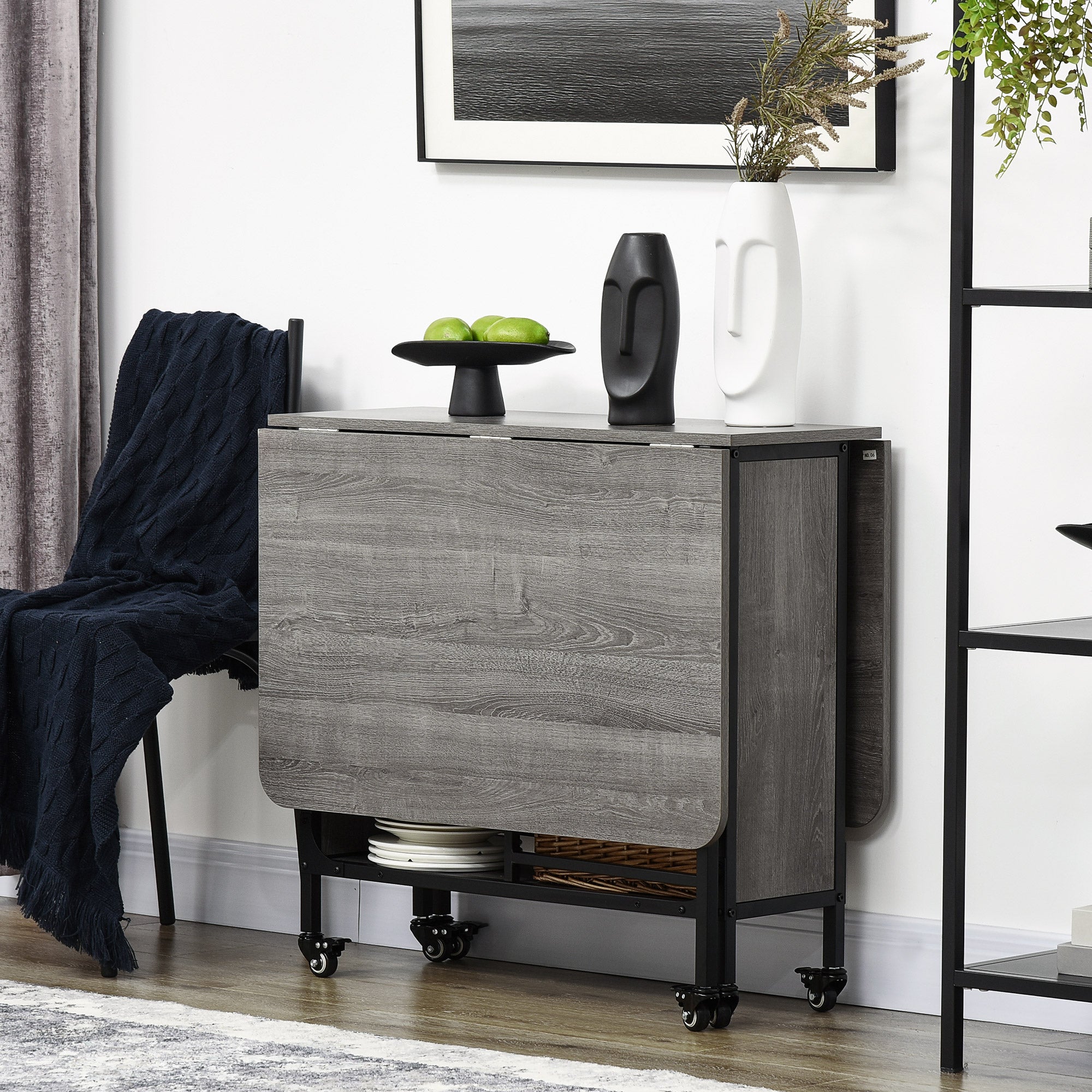 Mobile Drop Leaf Table, Folding Dining Table with 6 Wheels & Storage Shelf for Small Spaces, Kitchen, Dining Room, Grey