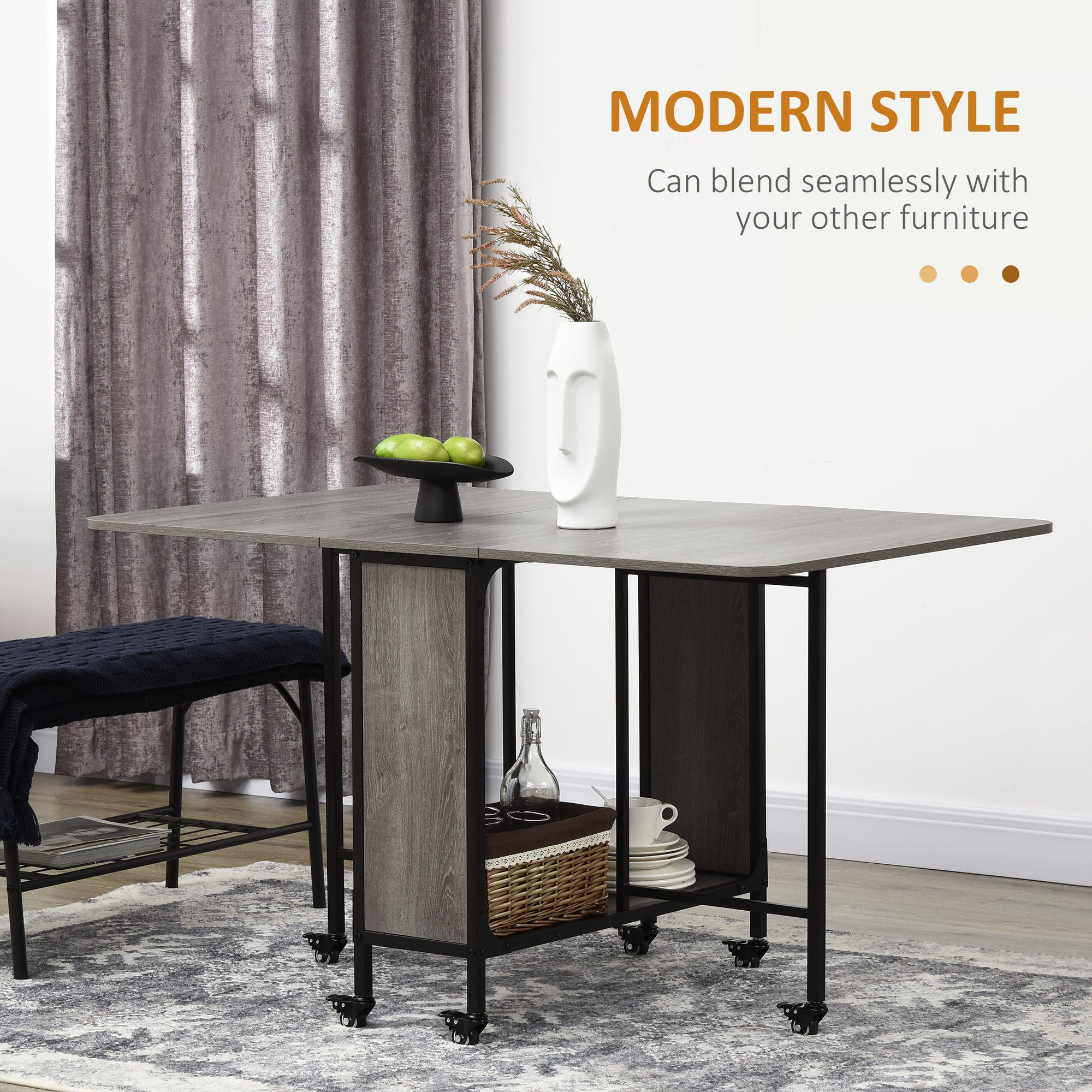Mobile Drop Leaf Table, Folding Dining Table with 6 Wheels & Storage Shelf for Small Spaces, Kitchen, Dining Room, Grey