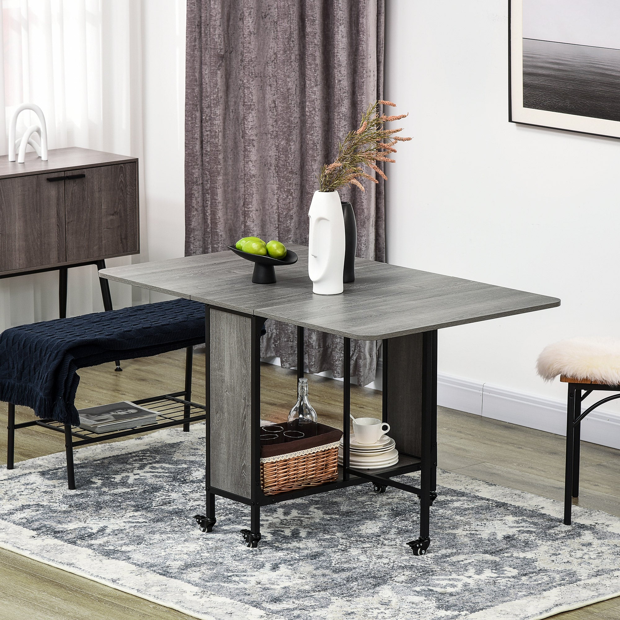 Mobile Drop Leaf Table, Folding Dining Table with 6 Wheels & Storage Shelf for Small Spaces, Kitchen, Dining Room, Grey