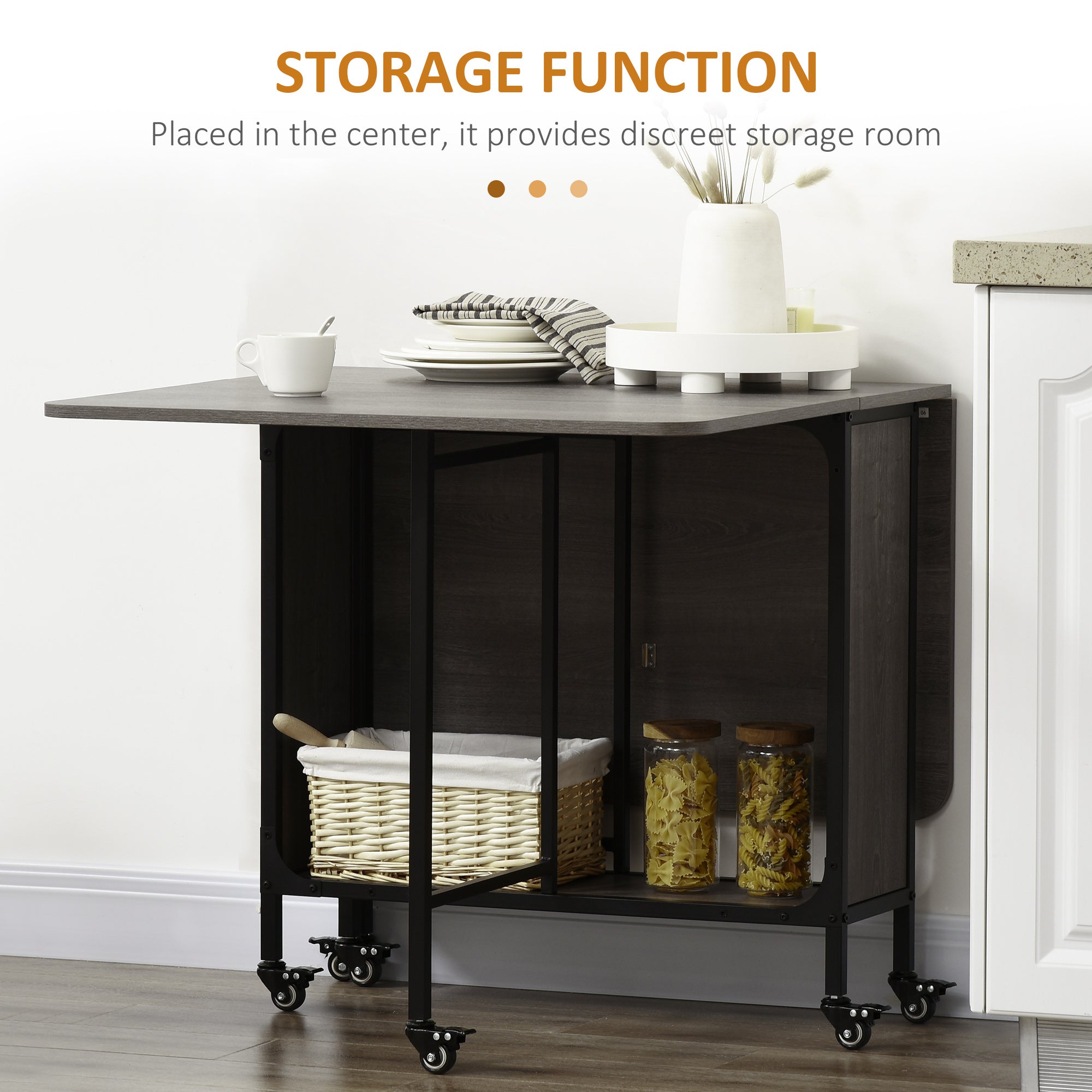 Mobile Drop Leaf Table, Folding Dining Table with 6 Wheels & Storage Shelf for Small Spaces, Kitchen, Dining Room, Grey