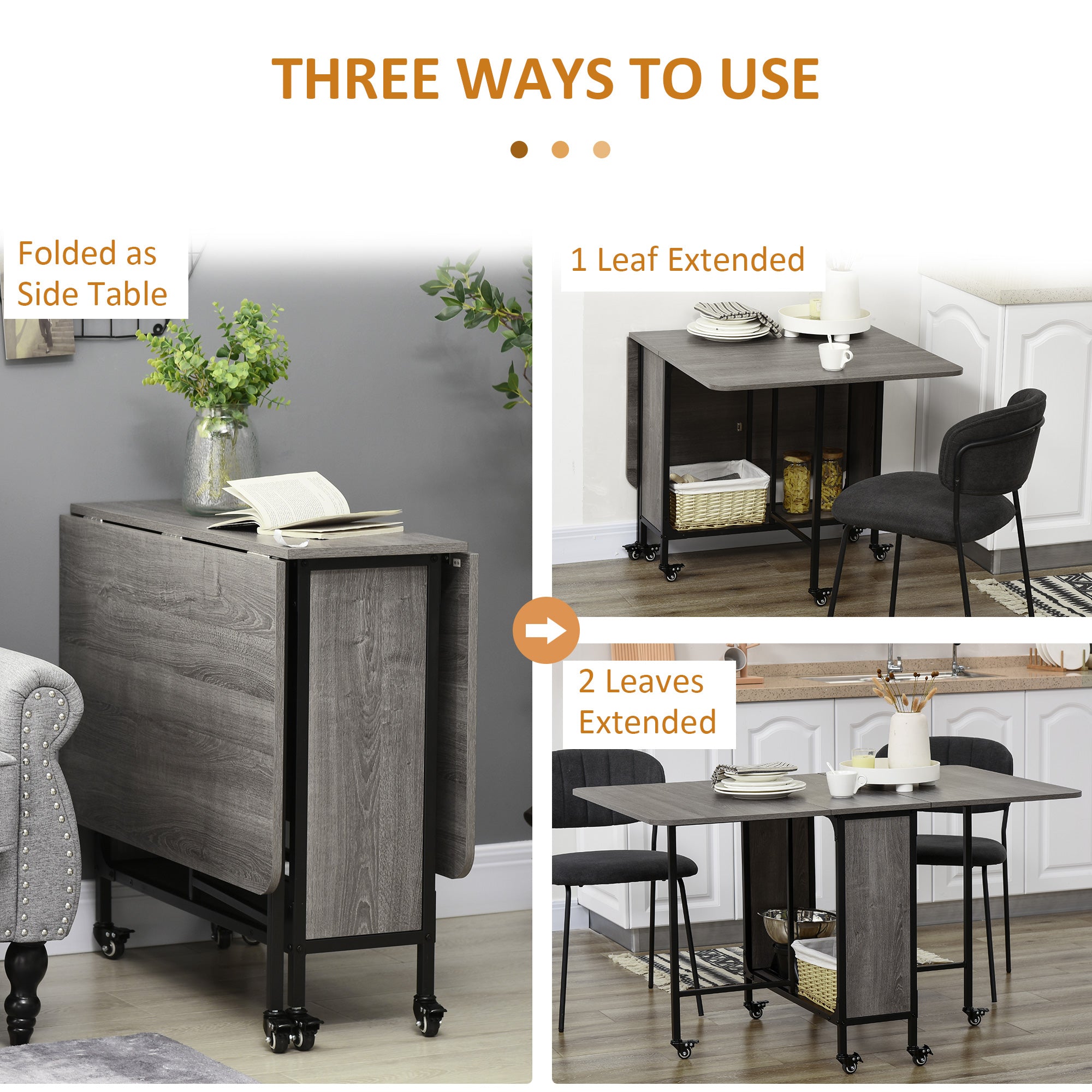 Mobile Drop Leaf Table, Folding Dining Table with 6 Wheels & Storage Shelf for Small Spaces, Kitchen, Dining Room, Grey