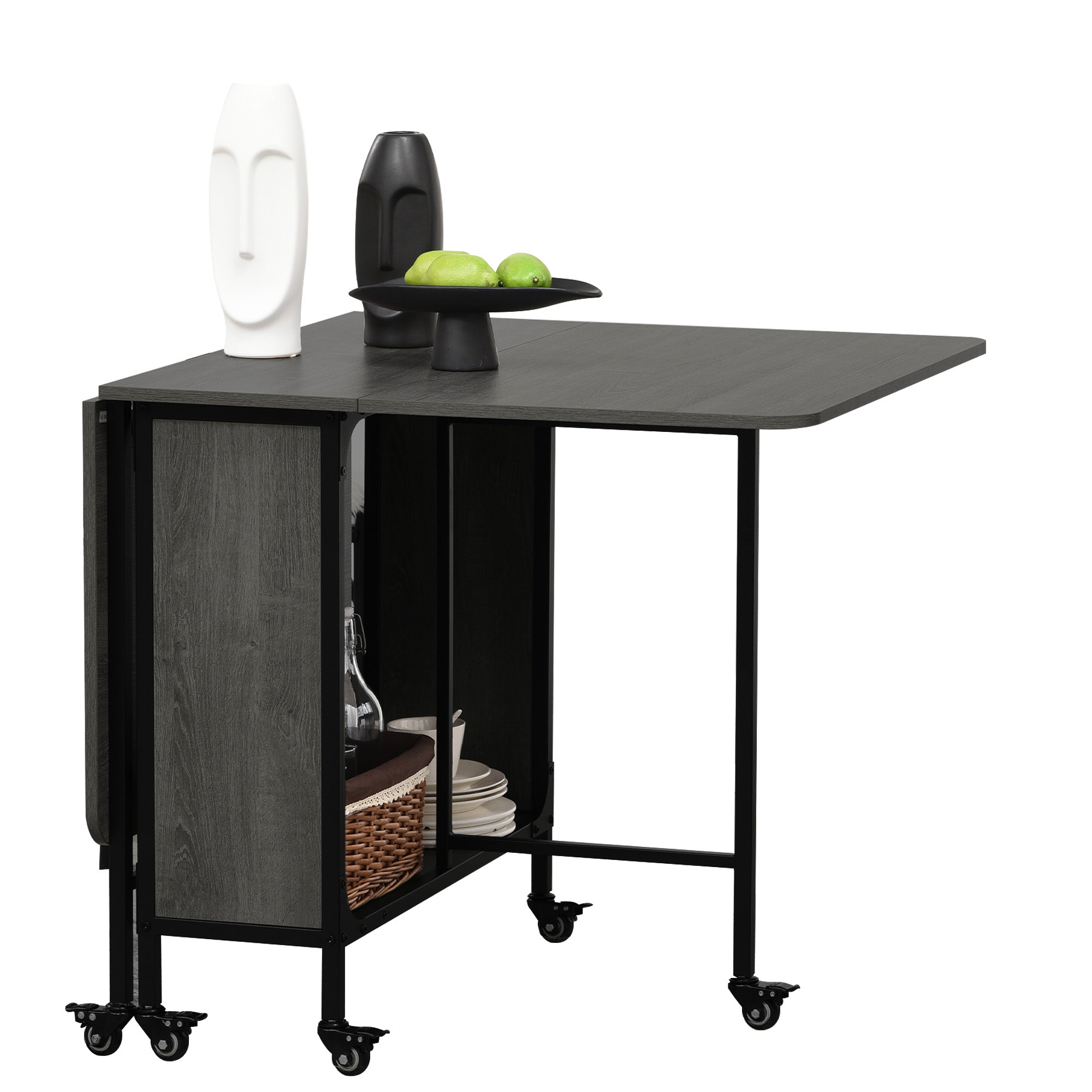 Mobile Drop Leaf Table, Folding Dining Table with 6 Wheels & Storage Shelf for Small Spaces, Kitchen, Dining Room, Grey