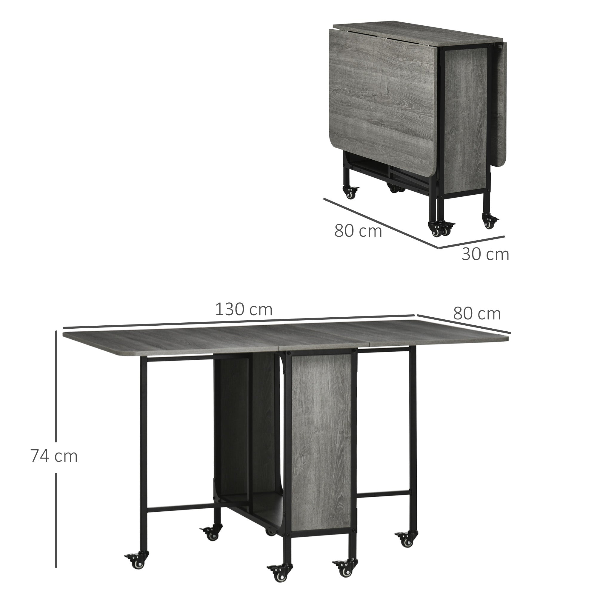 Mobile Drop Leaf Table, Folding Dining Table with 6 Wheels & Storage Shelf for Small Spaces, Kitchen, Dining Room, Grey