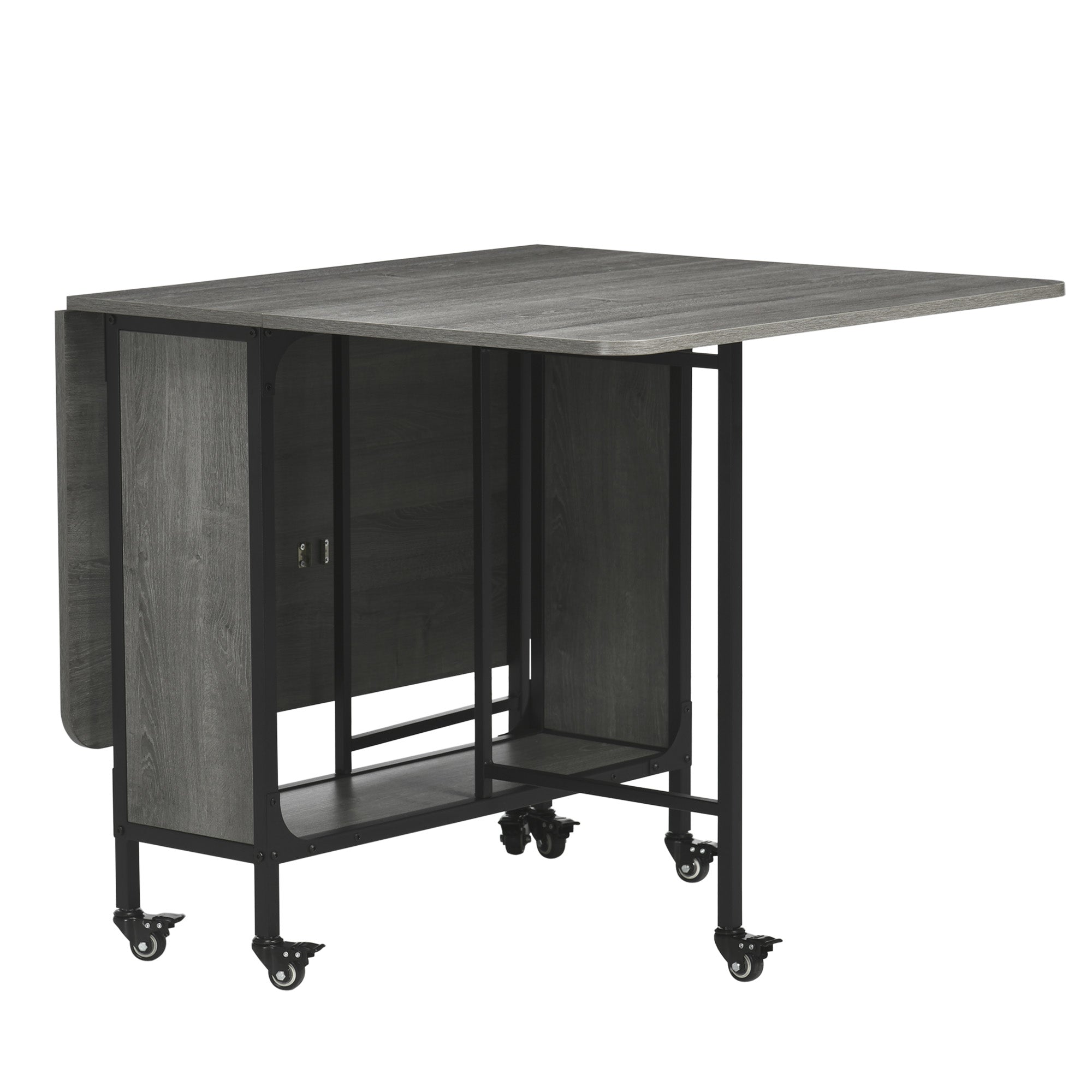 Mobile Drop Leaf Table, Folding Dining Table with 6 Wheels & Storage Shelf for Small Spaces, Kitchen, Dining Room, Grey