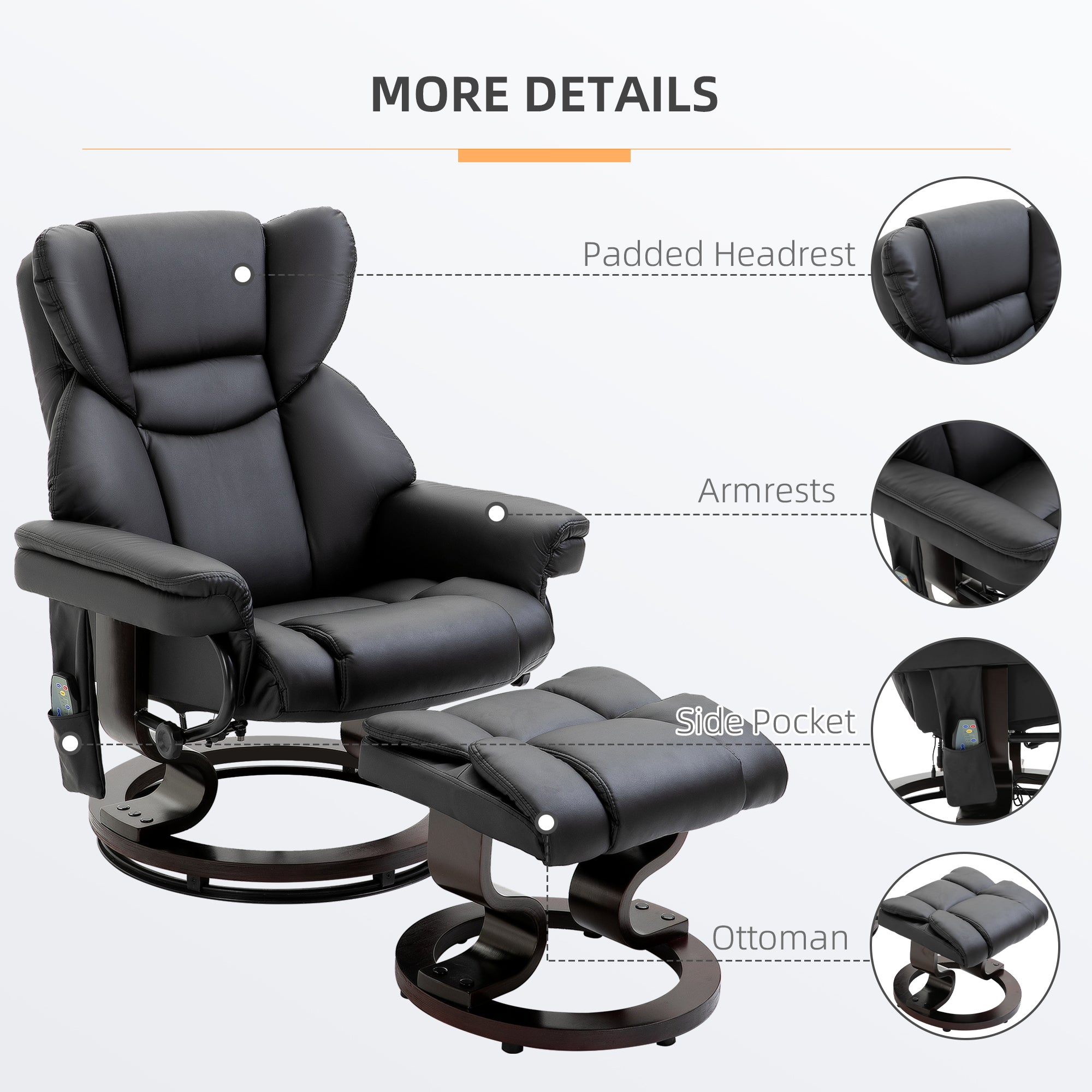 Massage Recliner Chair With Ottoman Footrest 10 Vibration Points 360 Swivel Black