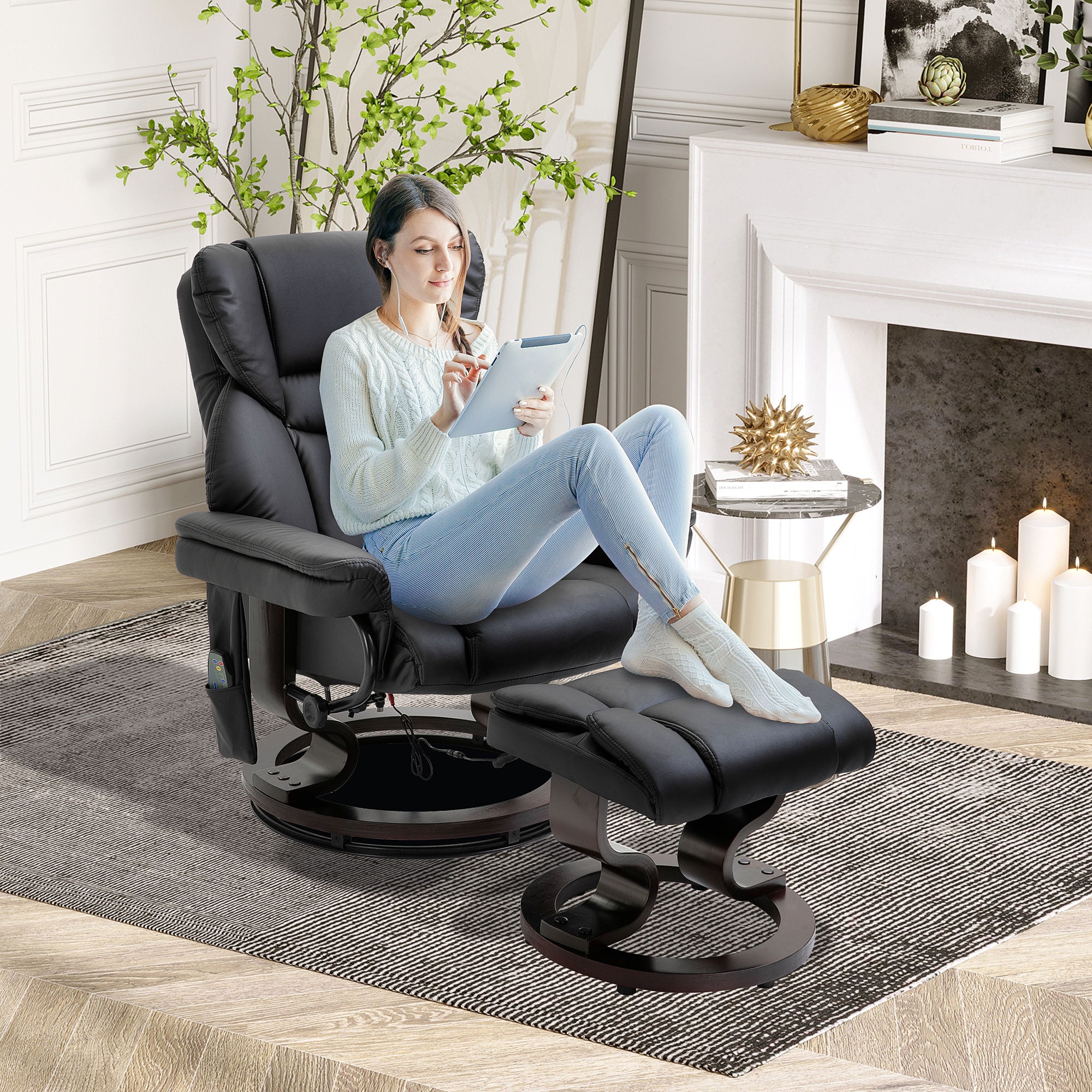 Massage Recliner Chair With Ottoman Footrest 10 Vibration Points 360 Swivel Black