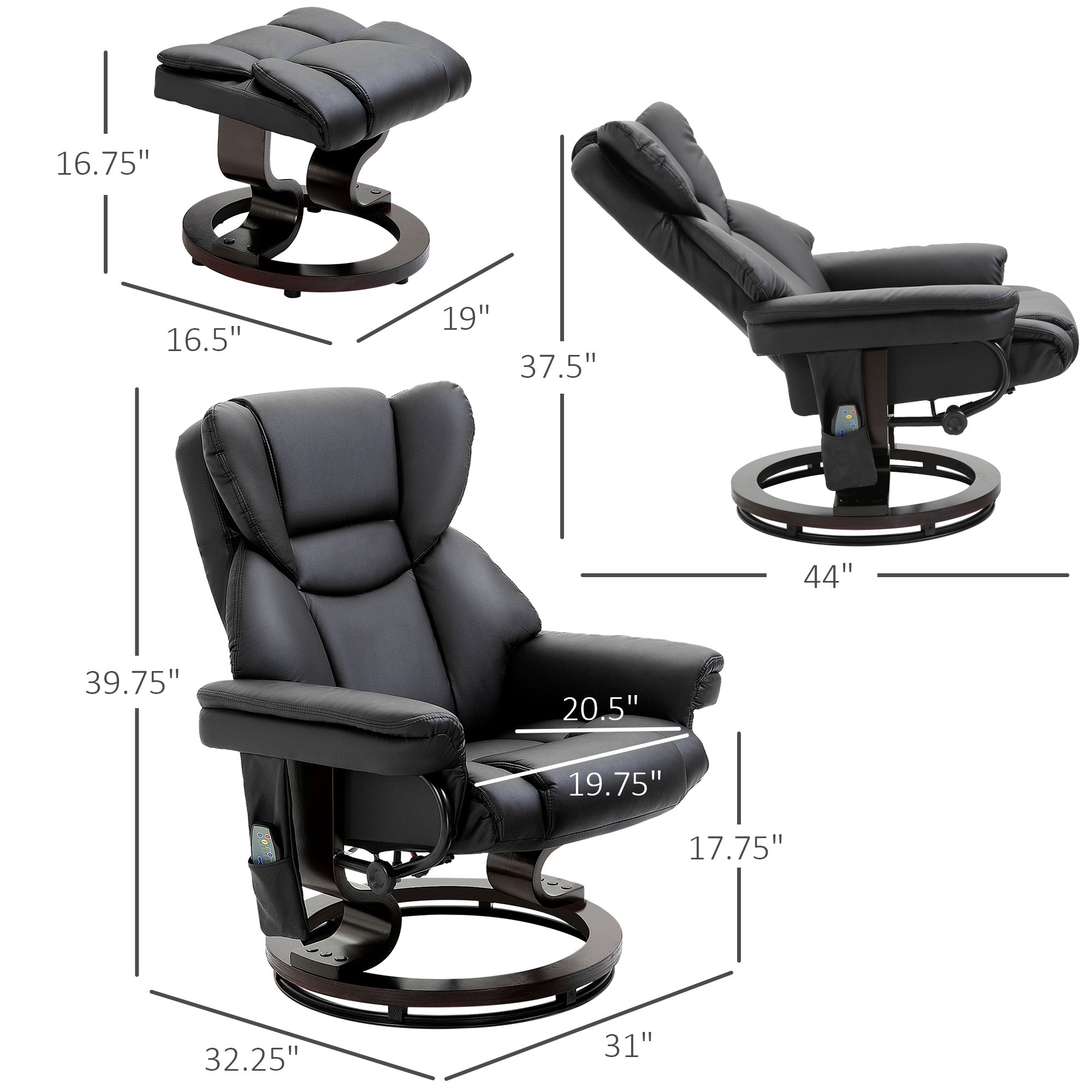 Massage Recliner Chair With Ottoman Footrest 10 Vibration Points 360 Swivel Black