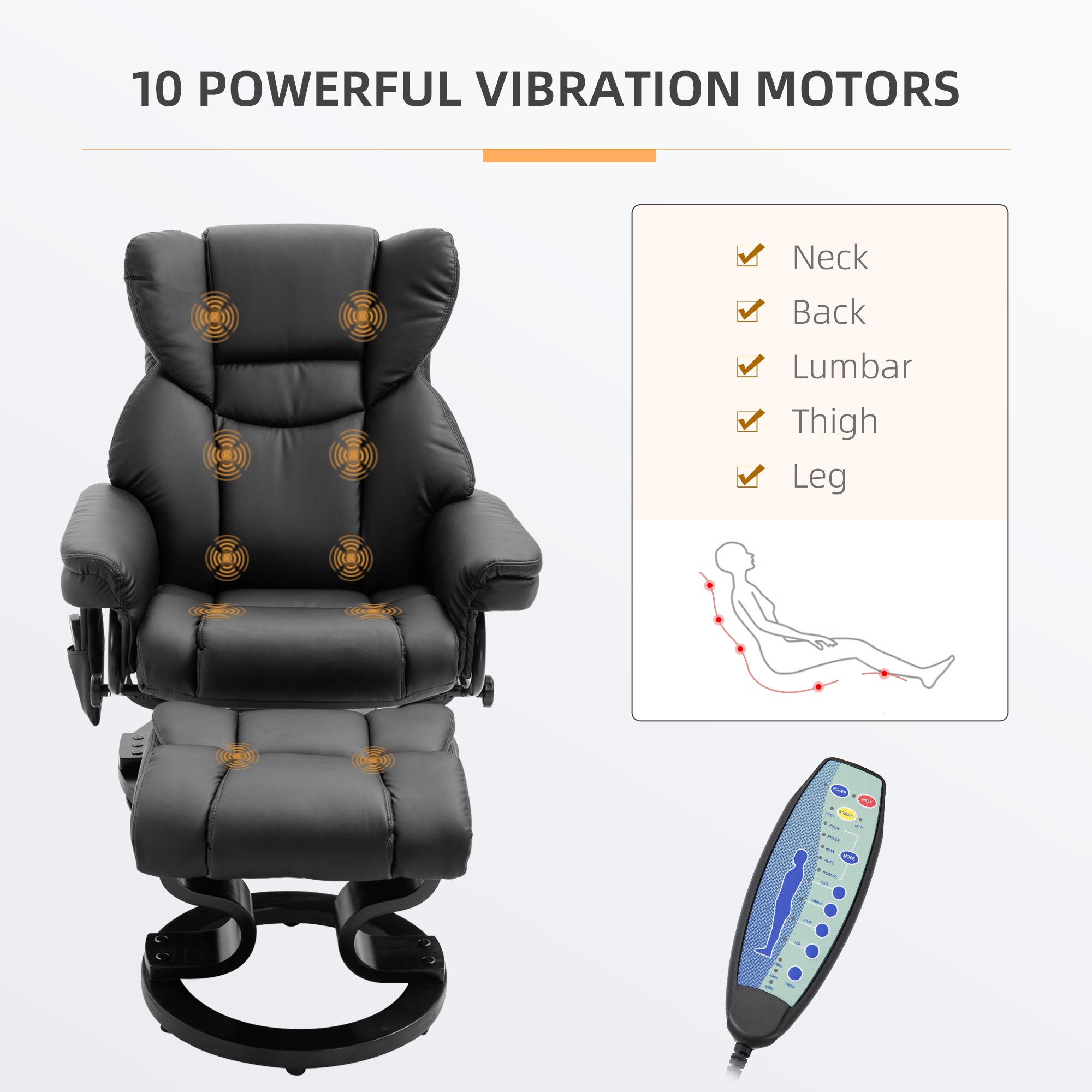 Massage Recliner Chair With Ottoman Footrest 10 Vibration Points 360 Swivel Black