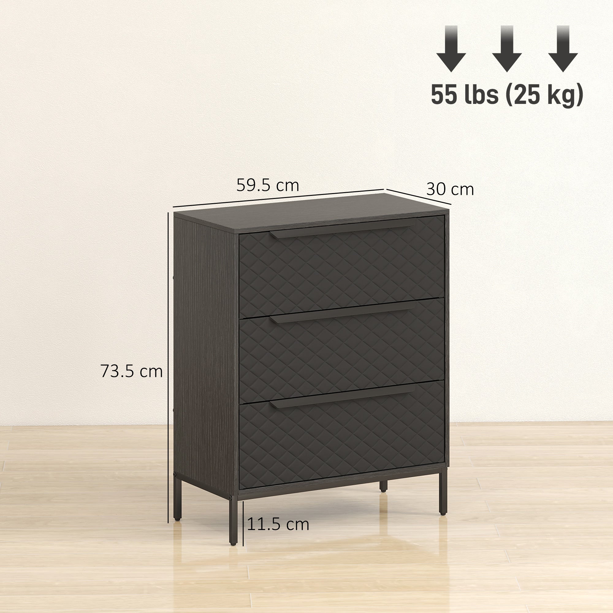 Chest of Drawers, Dresser with 3 Fabric Drawers, Bedroom Storage Unit with Aluminium Handles and Wood-effect Top for Living Room, Hallway, Entryway, Black