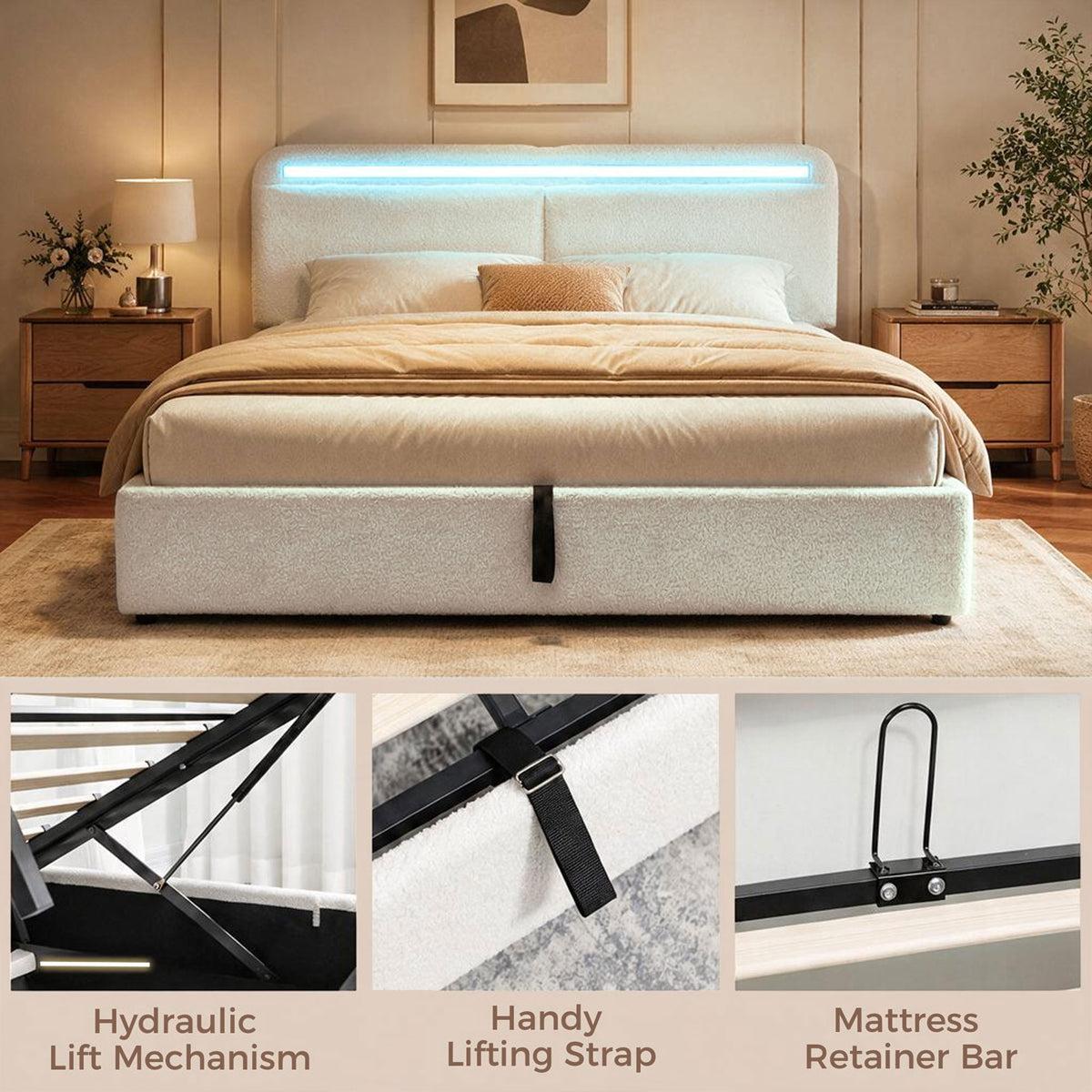 Queen Bed Frame with Charging Station, LED Lights, Adjustable Headboard, Fabric Platform Bed Frame, Wood Slat Support, Noise Free, No Box Spring Needed, Easy Assembly, White