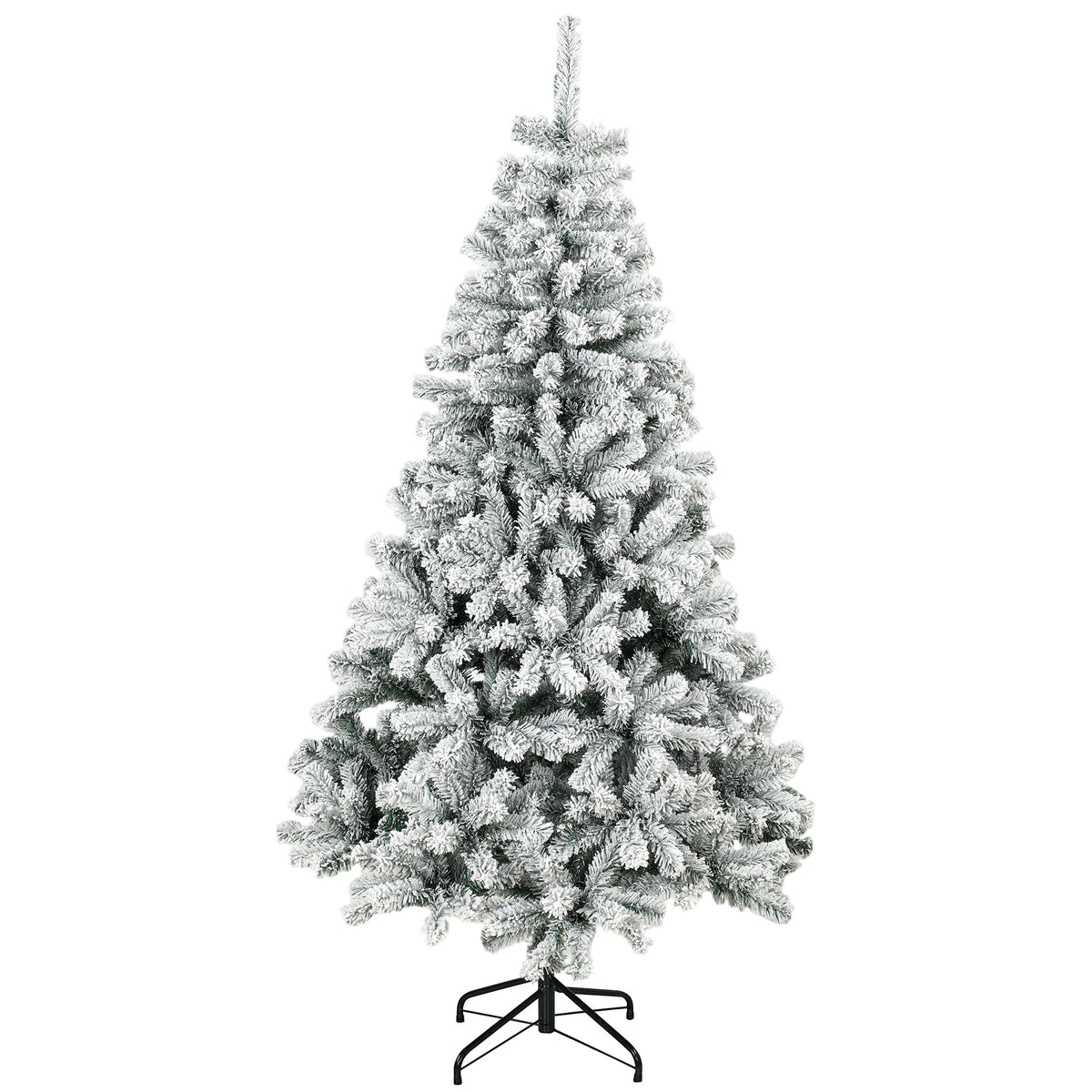 6ft Snow Flocked Christmas Tree with 650 Branch Tips, Easy-Assembly Hinged Design, Artificial Full Fir Xmas Tree with Steel Stand for Home Office Holiday, Green and White