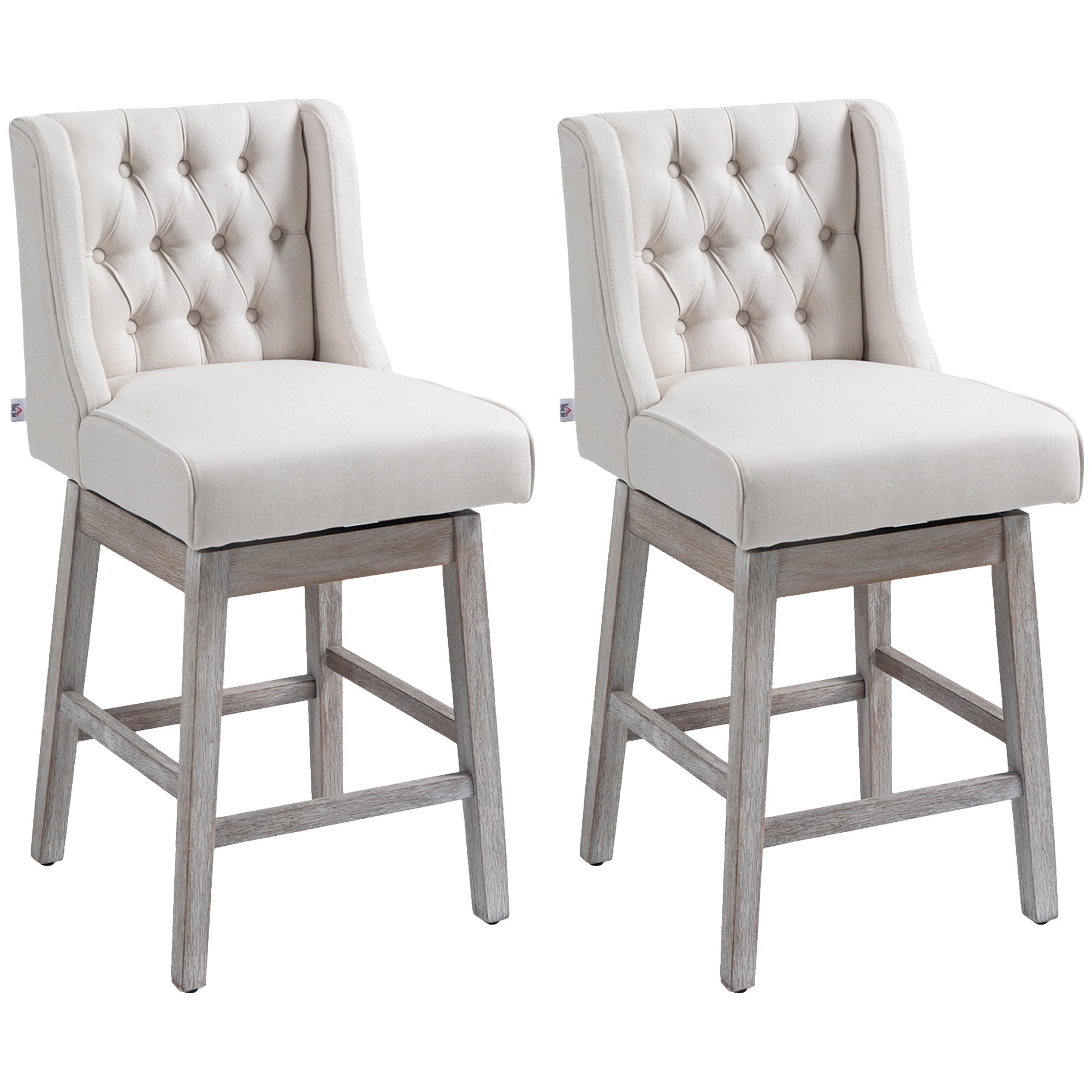 27" Counter Height Stools, Swivel, Linen Upholstery, Button Tufted, Beige