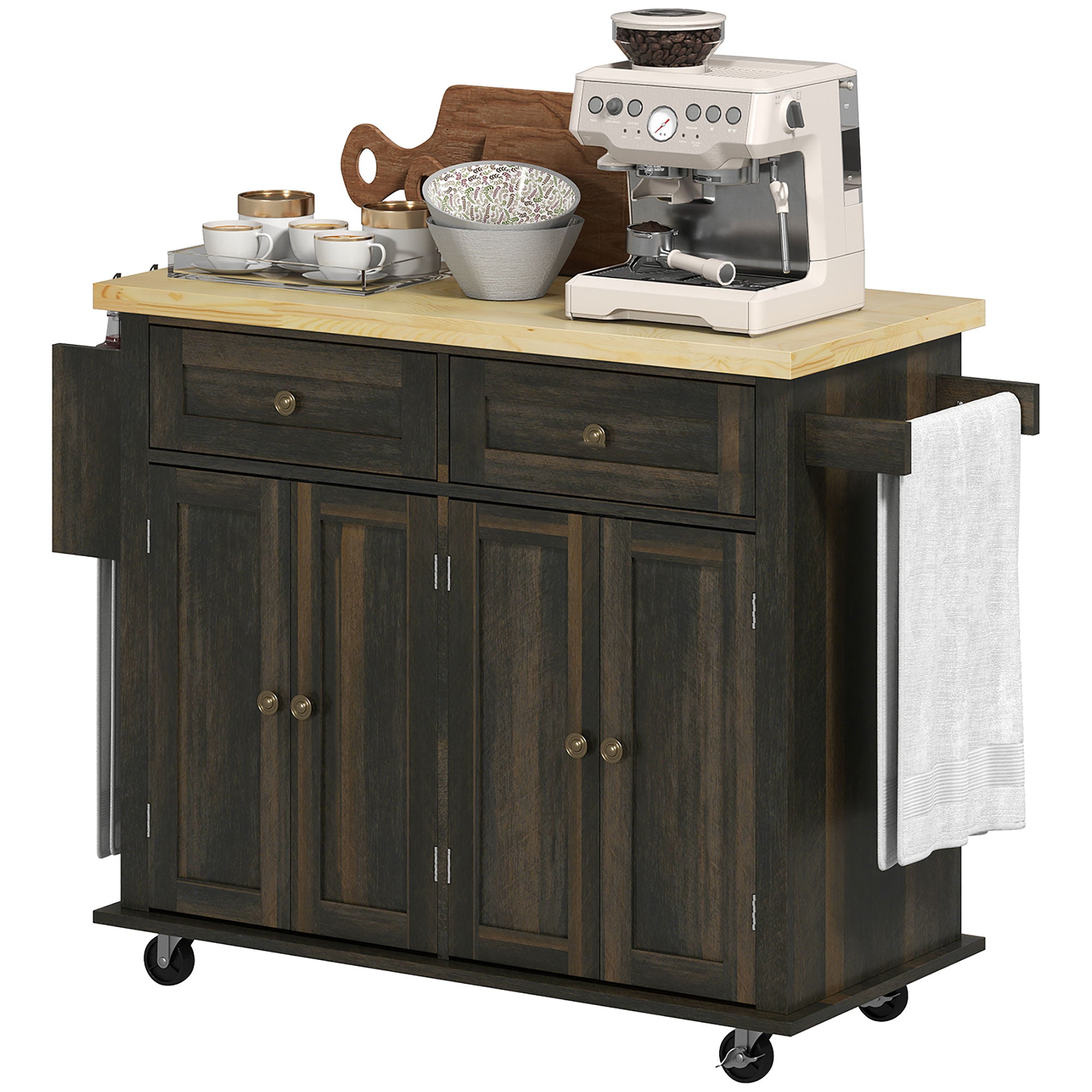 Kitchen Island Cart with Rubber Wood Top, Rolling Kitchen Island Table on Wheels with Drawers, Adjustable Shelves, Spice Rack and Towel Rack for Dining Room, Brown Oak