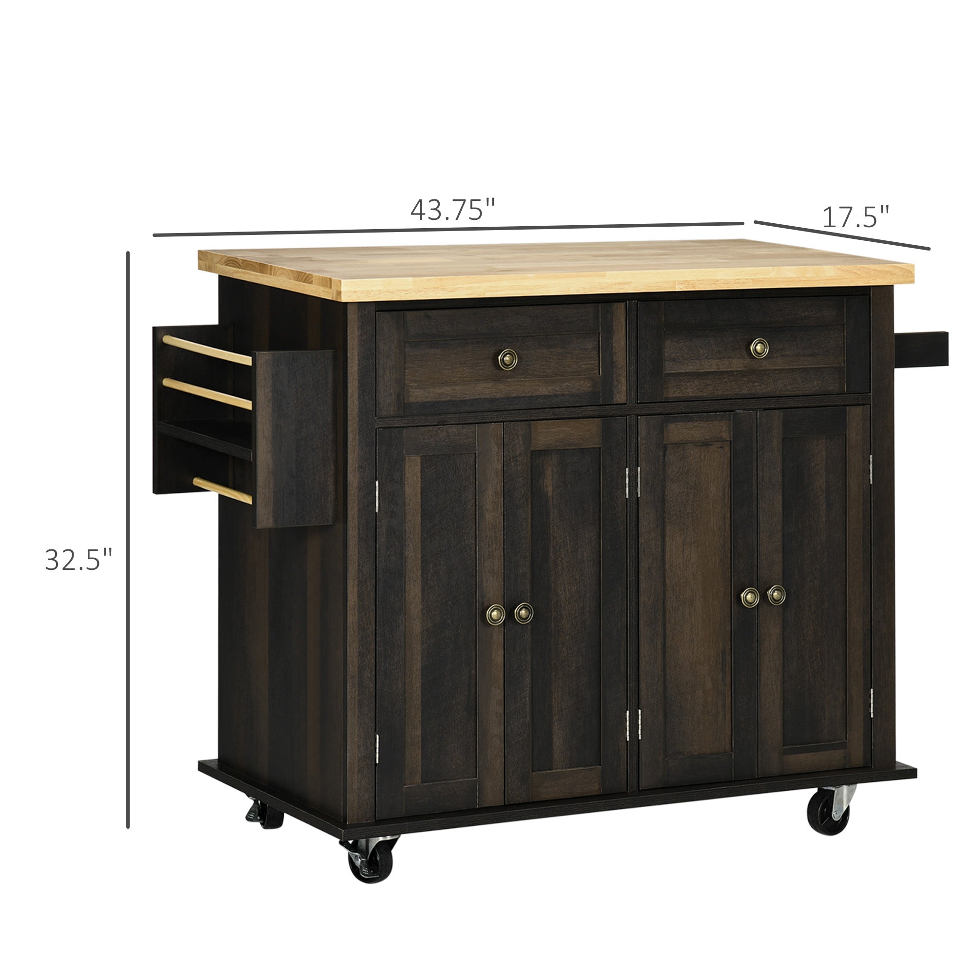 Kitchen Island on Wheels, Rolling Cart w/ Rubberwood Top, Spice Rack & Drawers, Brown Oak