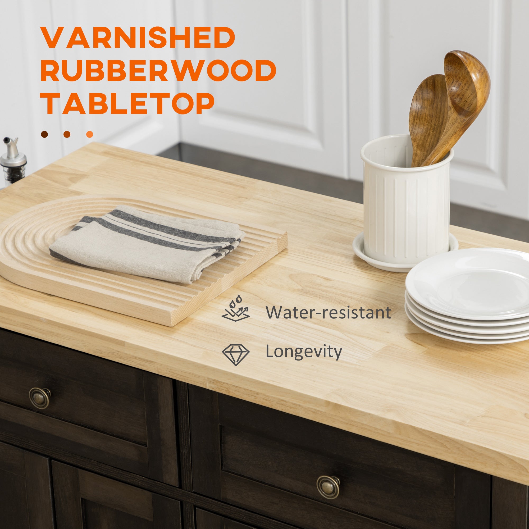 Kitchen Island on Wheels, Rolling Cart w/ Rubberwood Top, Spice Rack & Drawers, Brown Oak