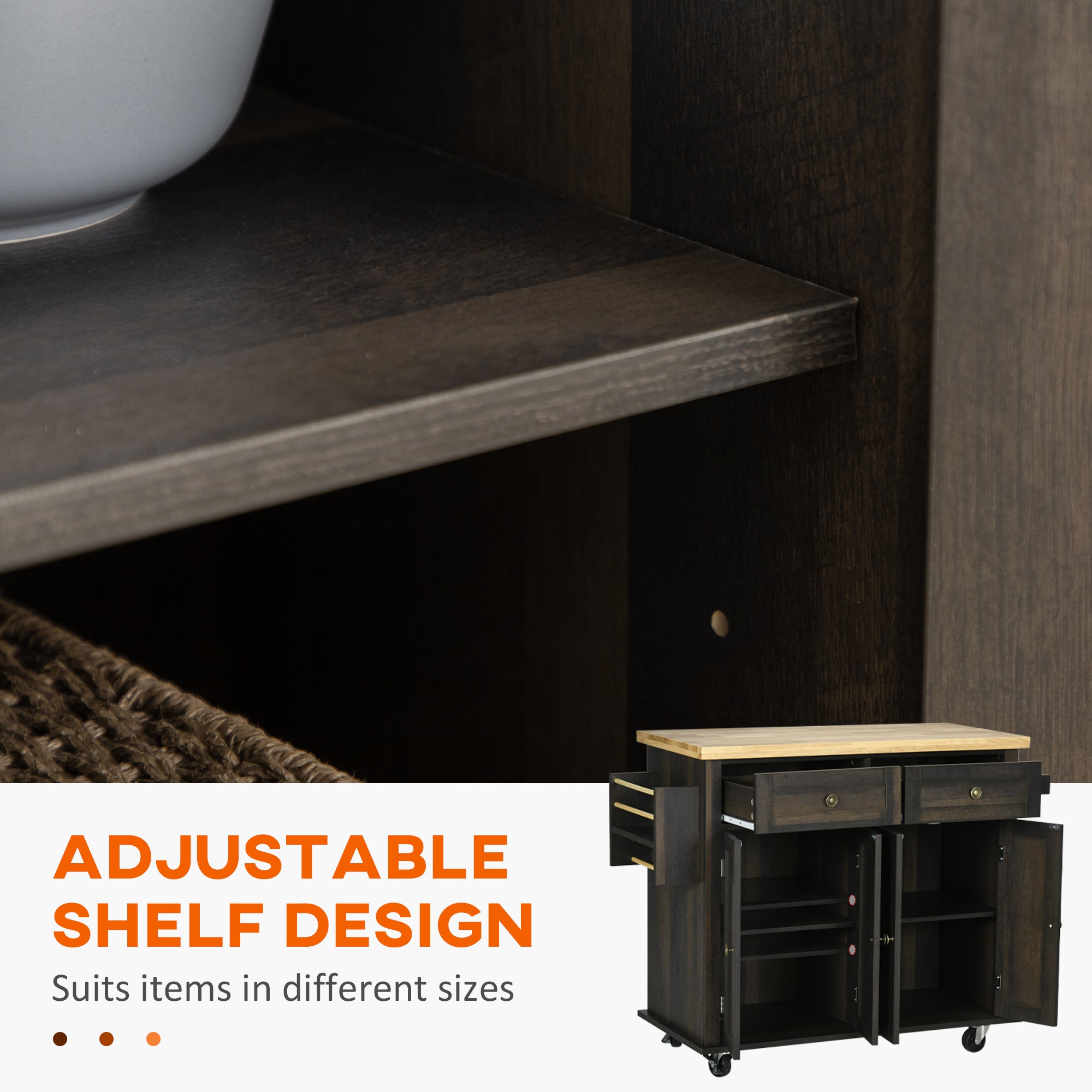 Kitchen Island on Wheels, Rolling Cart w/ Rubberwood Top, Spice Rack & Drawers, Brown Oak