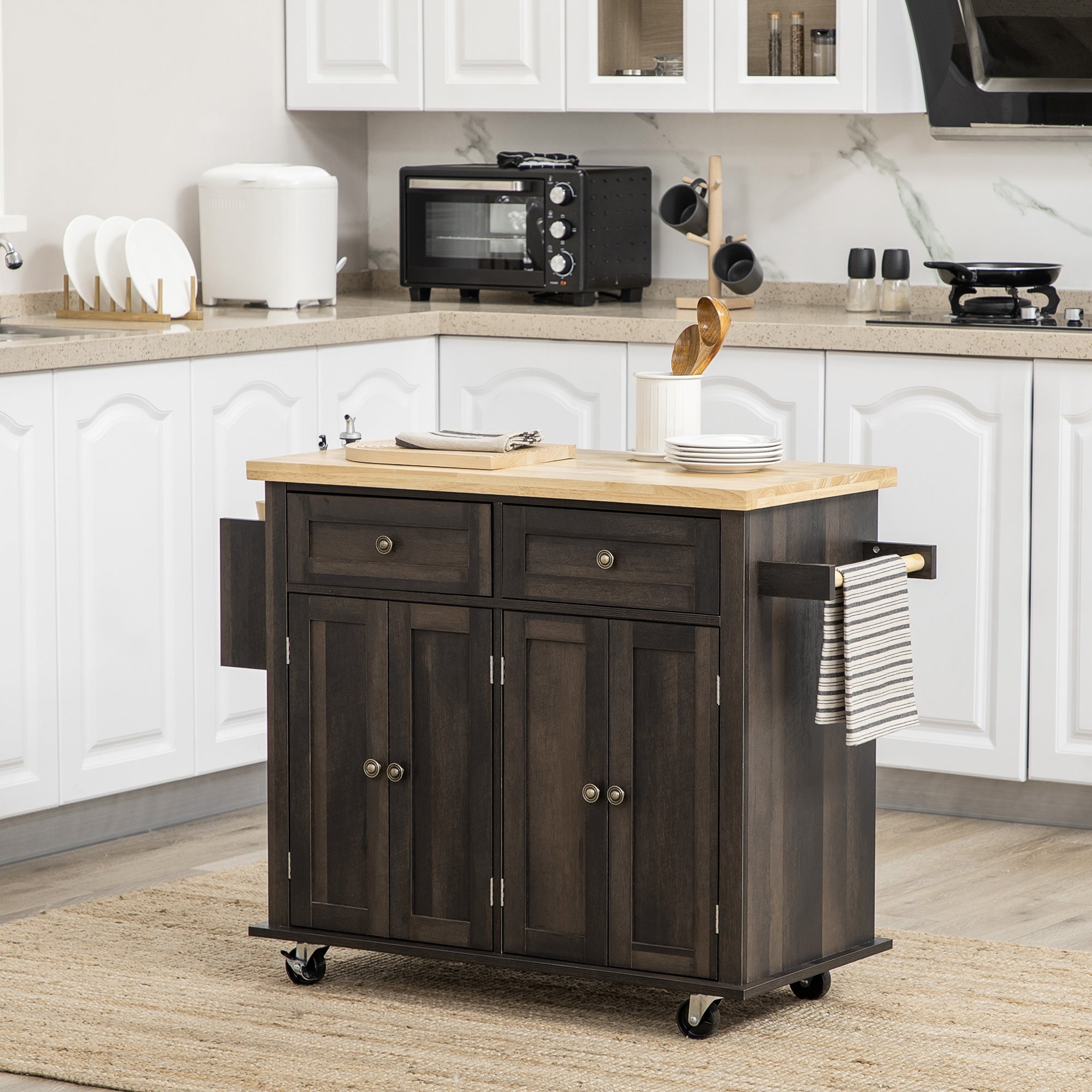 Kitchen Island on Wheels, Rolling Cart w/ Rubberwood Top, Spice Rack & Drawers, Brown Oak