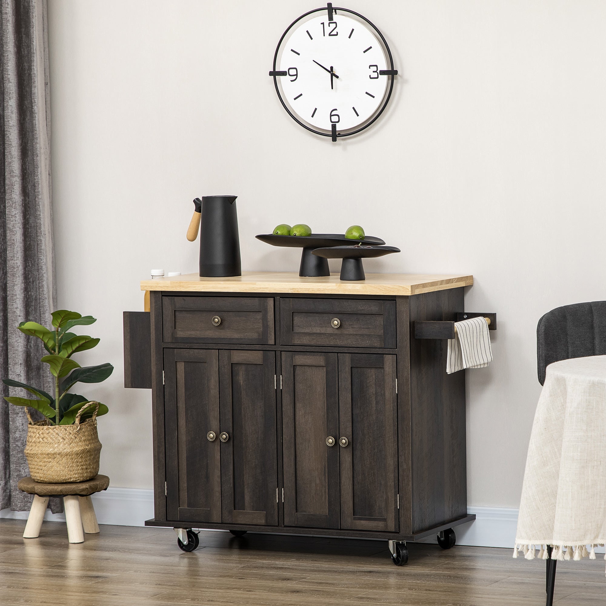 Kitchen Island on Wheels, Rolling Cart w/ Rubberwood Top, Spice Rack & Drawers, Brown Oak