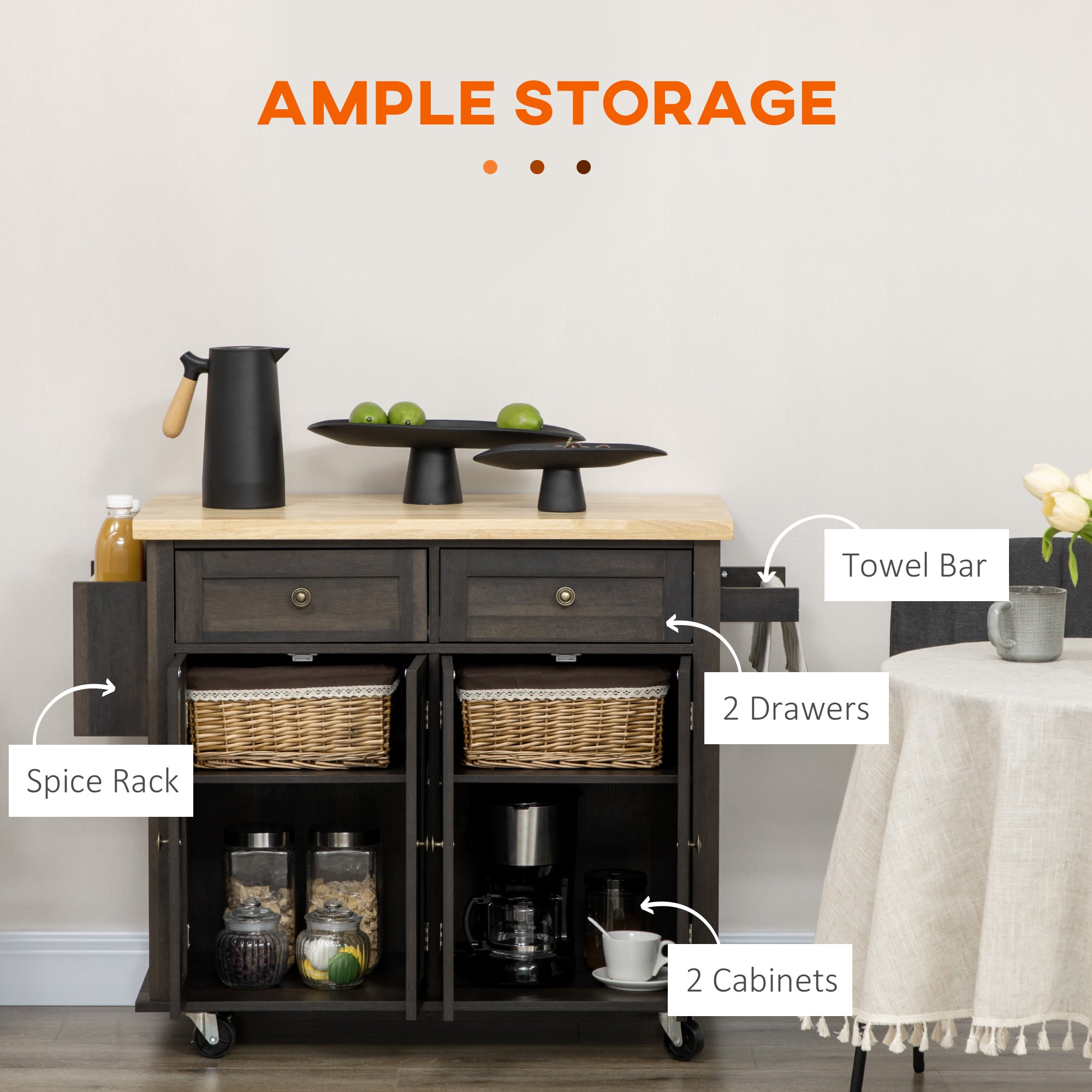 Kitchen Island on Wheels, Rolling Cart w/ Rubberwood Top, Spice Rack & Drawers, Brown Oak