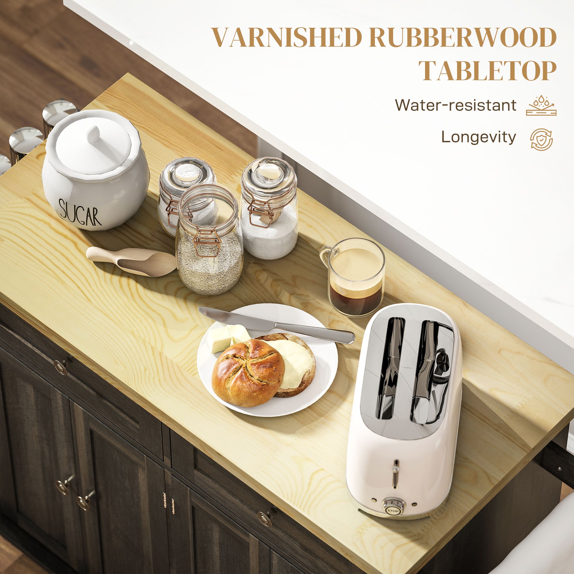 Kitchen Island Cart with Rubber Wood Top, Rolling Kitchen Island Table on Wheels with Drawers, Adjustable Shelves, Spice Rack and Towel Rack for Dining Room, Brown Oak