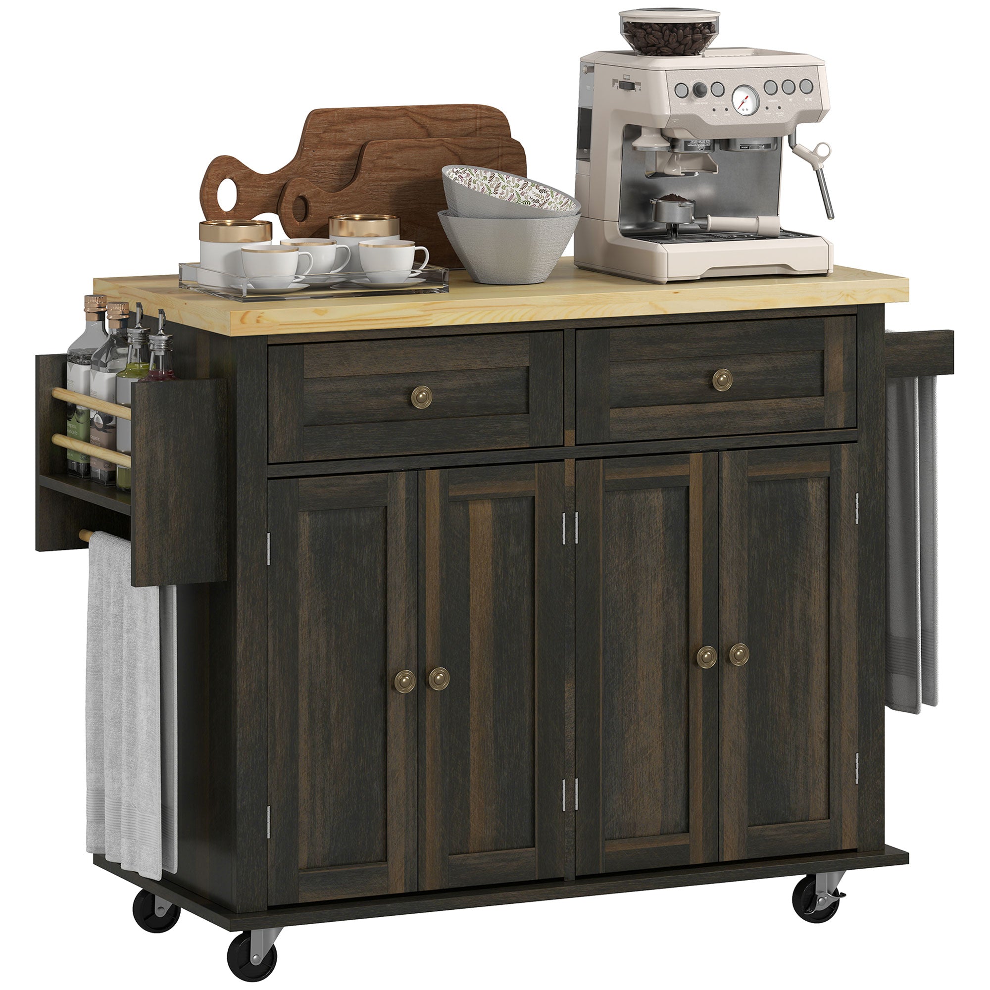 Kitchen Island Cart with Rubber Wood Top, Rolling Kitchen Island Table on Wheels with Drawers, Adjustable Shelves, Spice Rack and Towel Rack for Dining Room, Brown Oak