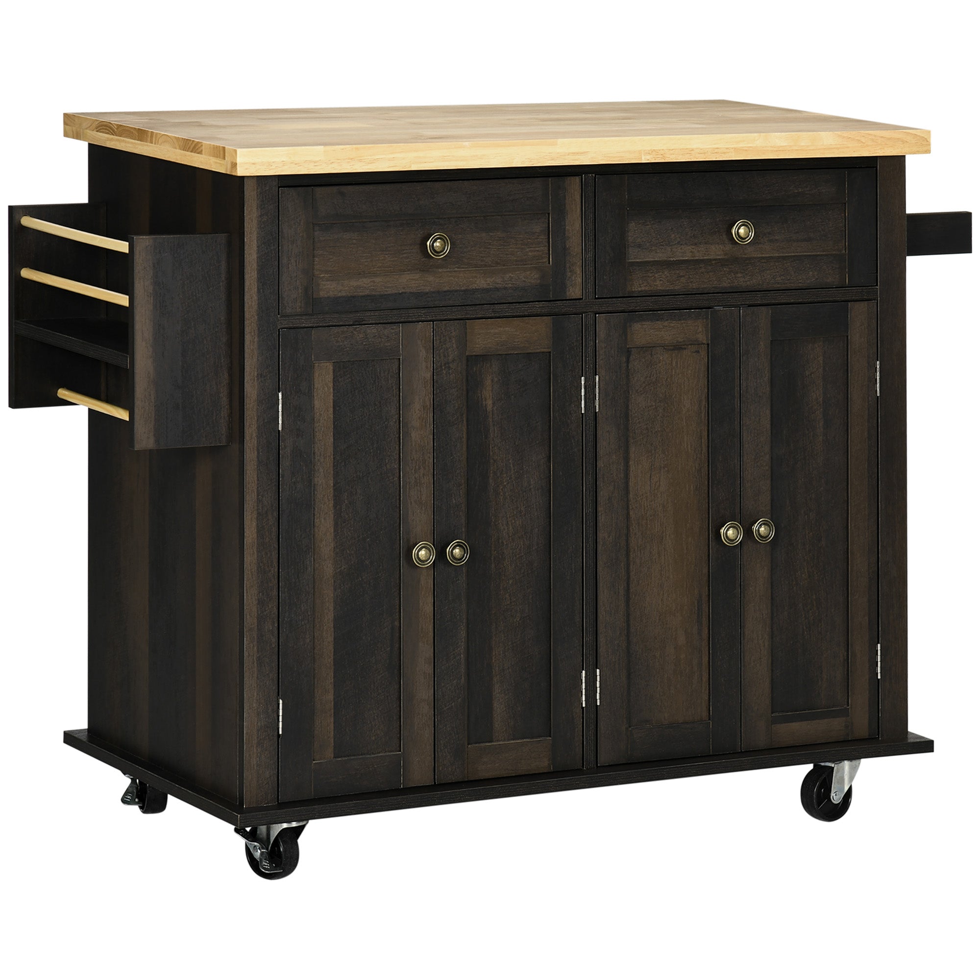 Kitchen Island on Wheels, Rolling Cart w/ Rubberwood Top, Spice Rack & Drawers, Brown Oak