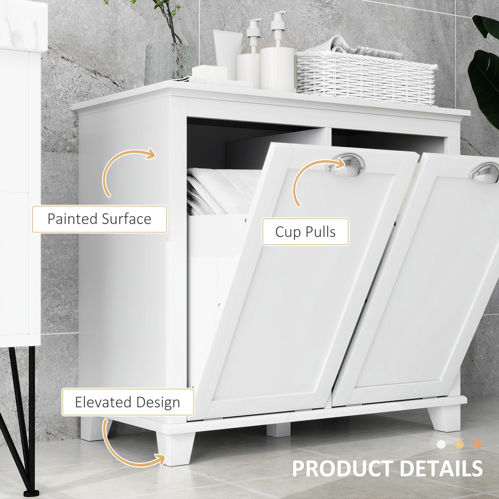 Compact Dual Tilt-Out Laundry Hamper Cabinet, 2-Compartment Storage, Modern Design, White