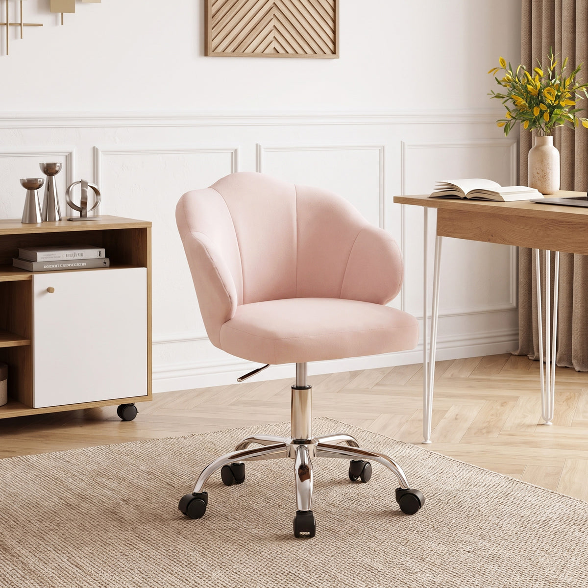 Petal Office Chair with Swivel Wheels, Task Desk Chair with Wide Seat, Velvet, Adjustable Height, Rocking, for Home Office or Makeup Vanity, Pink