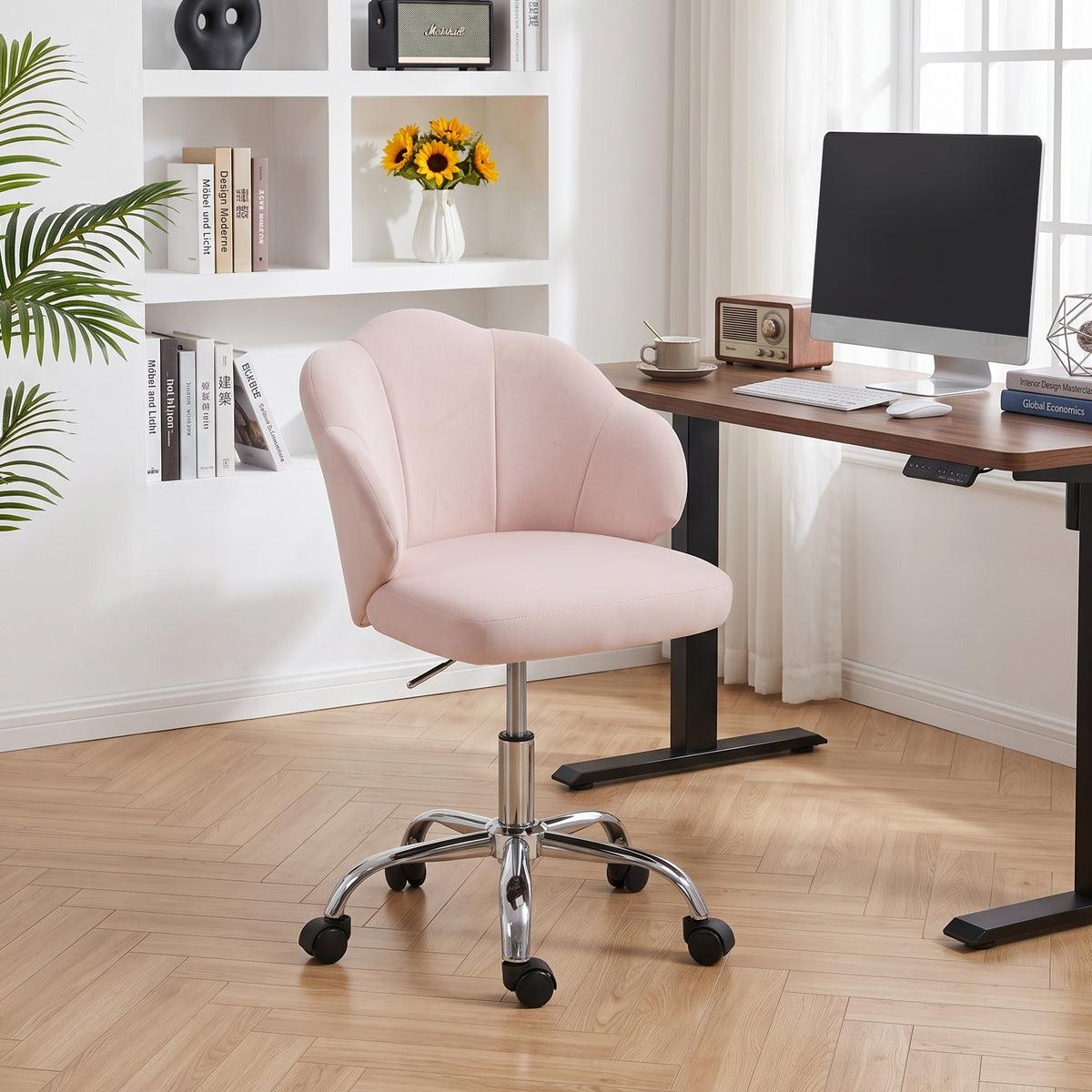 Petal Office Chair with Swivel Wheels, Task Desk Chair with Wide Seat, Velvet, Adjustable Height, Rocking, for Home Office or Makeup Vanity, Pink