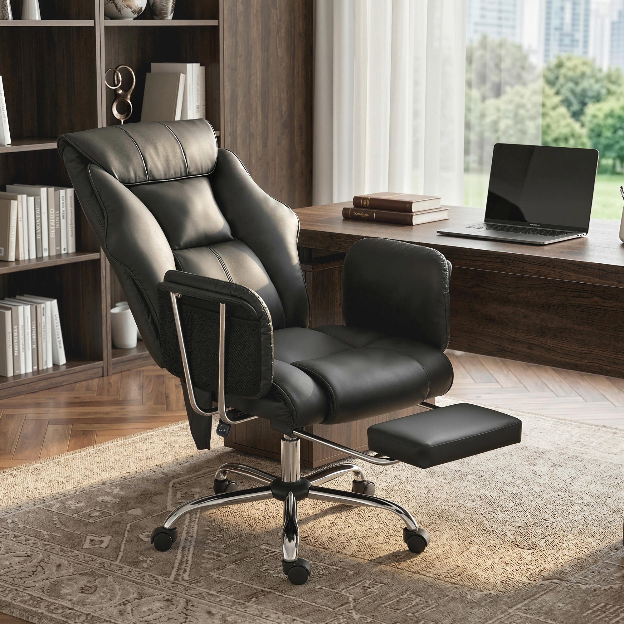 Massage Office Chair with 6-Point Vibration, Overstuffed Reclining Desk Chair with High Back, PU Leather, Footrest, Thick Spring Cushion, Lumbar Support, Adjustable Height, Swivel Wheels, Black