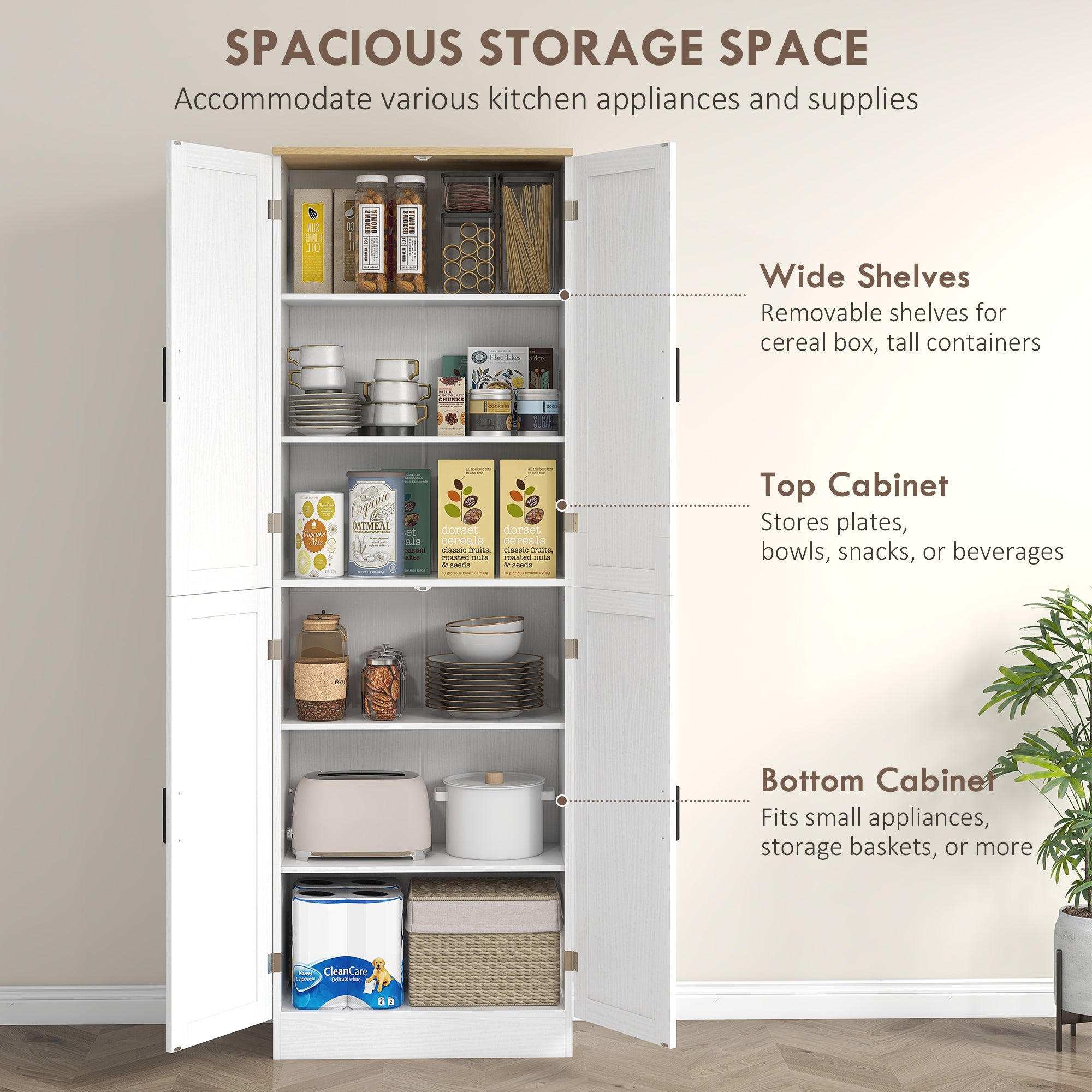 Freestanding Kitchen Pantry 4 Door Cabinet with Adjustable Shelves Distressed White