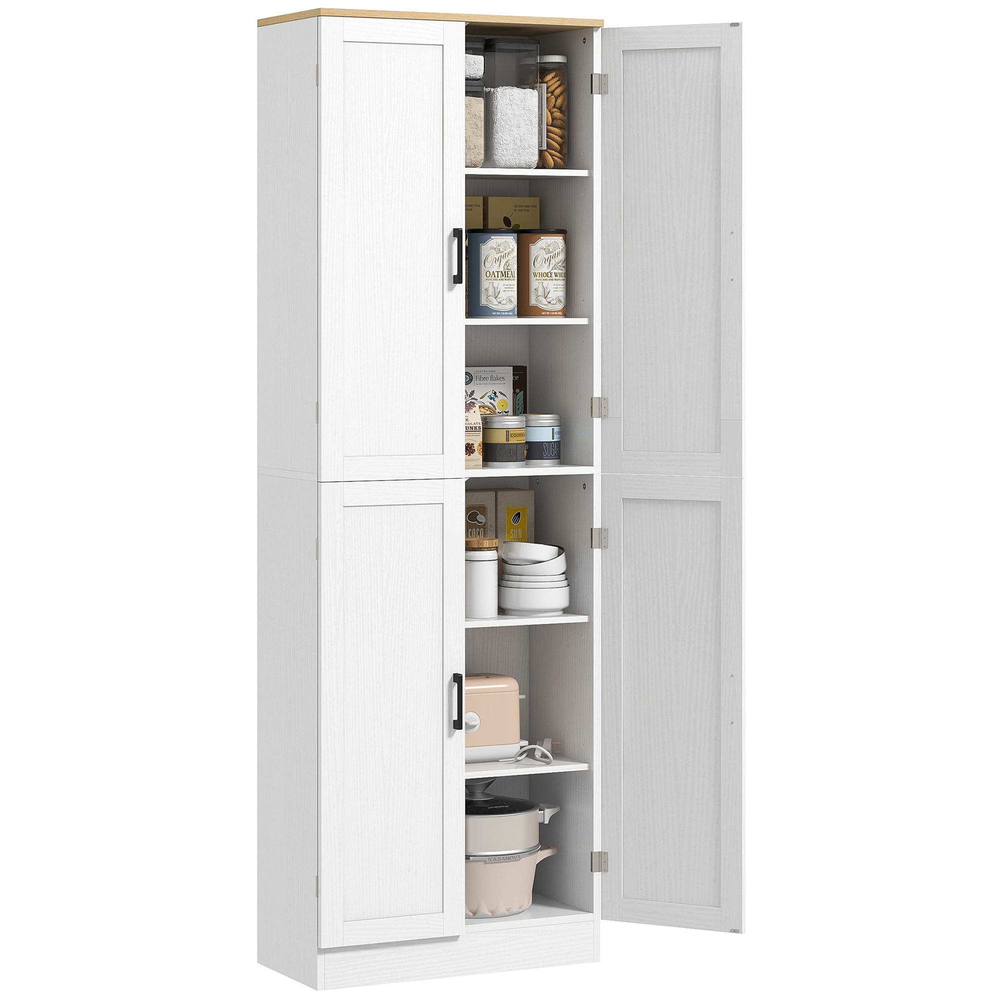 Freestanding Kitchen Pantry 4 Door Cabinet with Adjustable Shelves Distressed White