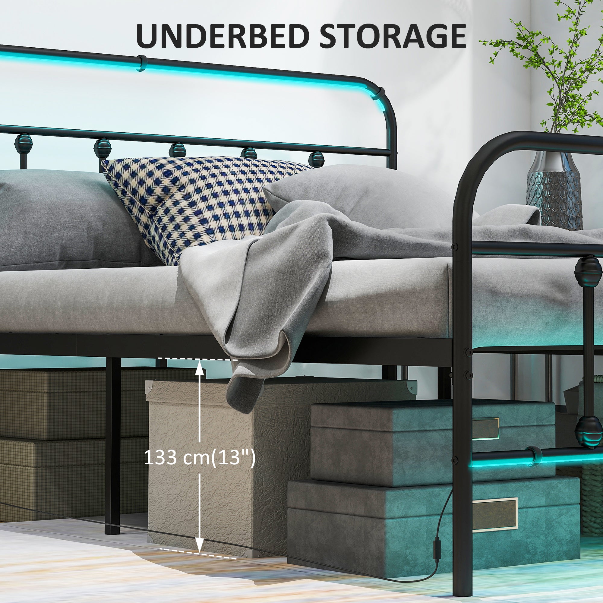 Full Bed Frame with LED Lights and Charging Station, Metal Platform Bed Frame with Under Bed Storage, Steel Slats, No Box Spring Needed, Noise Free, Easy Assembly, Black