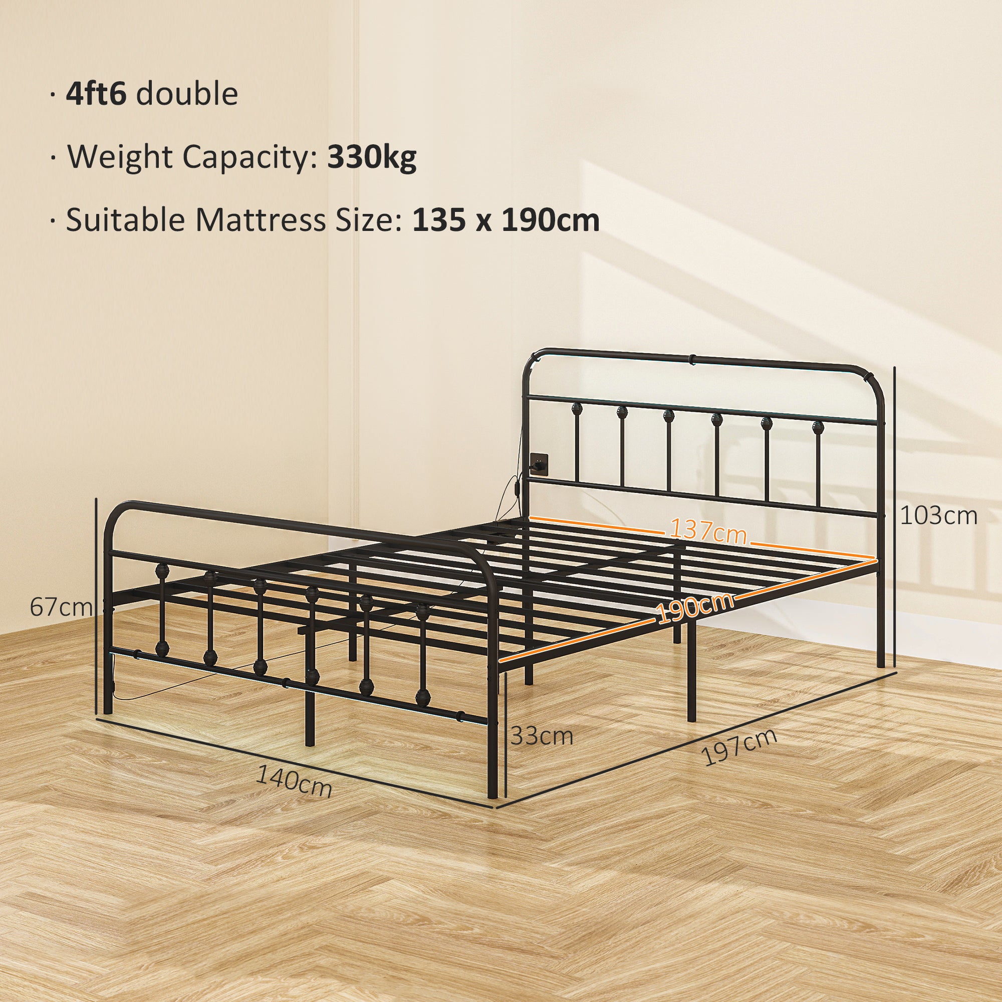 Full Bed Frame with LED Lights and Charging Station, Metal Platform Bed Frame with Under Bed Storage, Steel Slats, No Box Spring Needed, Noise Free, Easy Assembly, Black