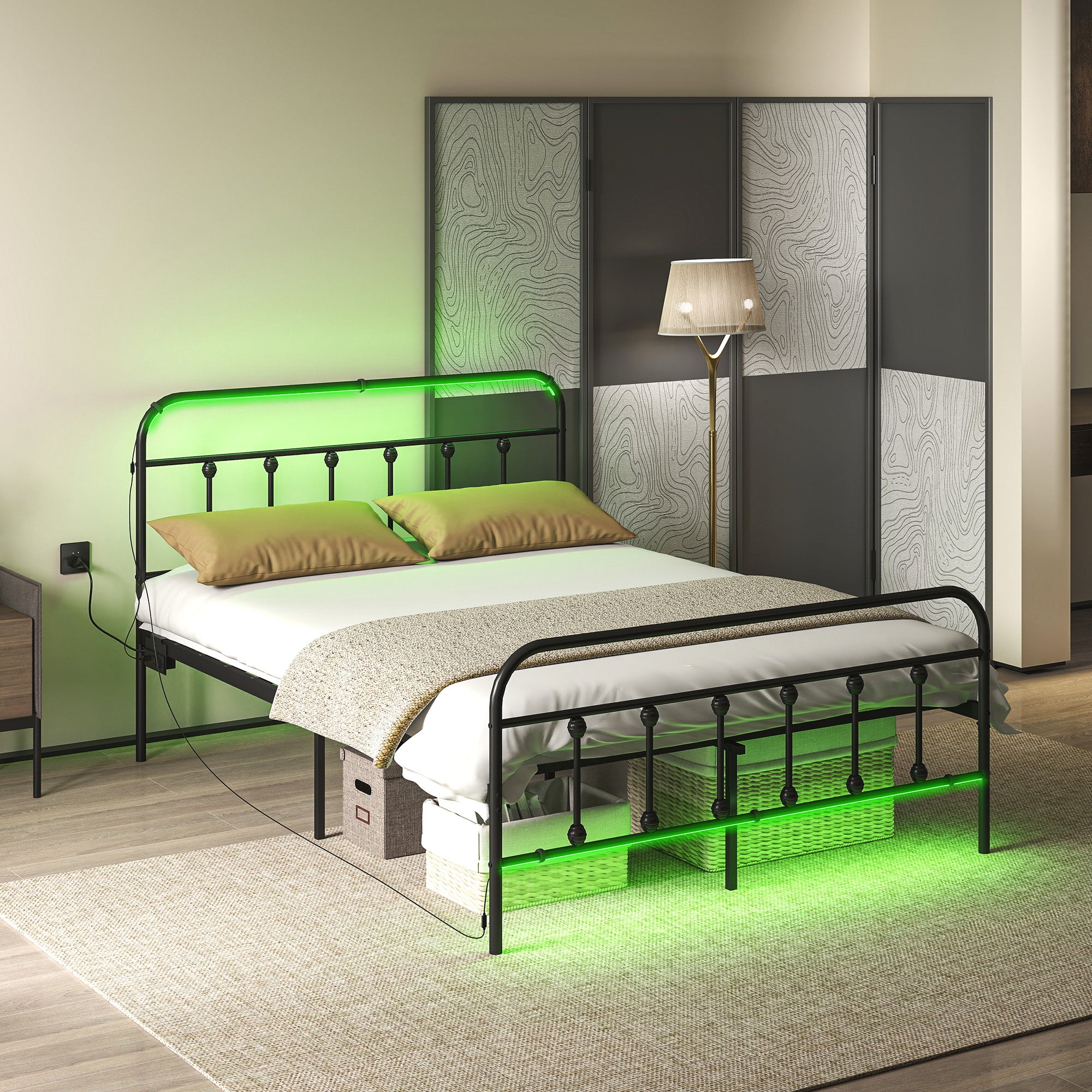 Full Bed Frame with LED Lights and Charging Station, Metal Platform Bed Frame with Under Bed Storage, Steel Slats, No Box Spring Needed, Noise Free, Easy Assembly, Black