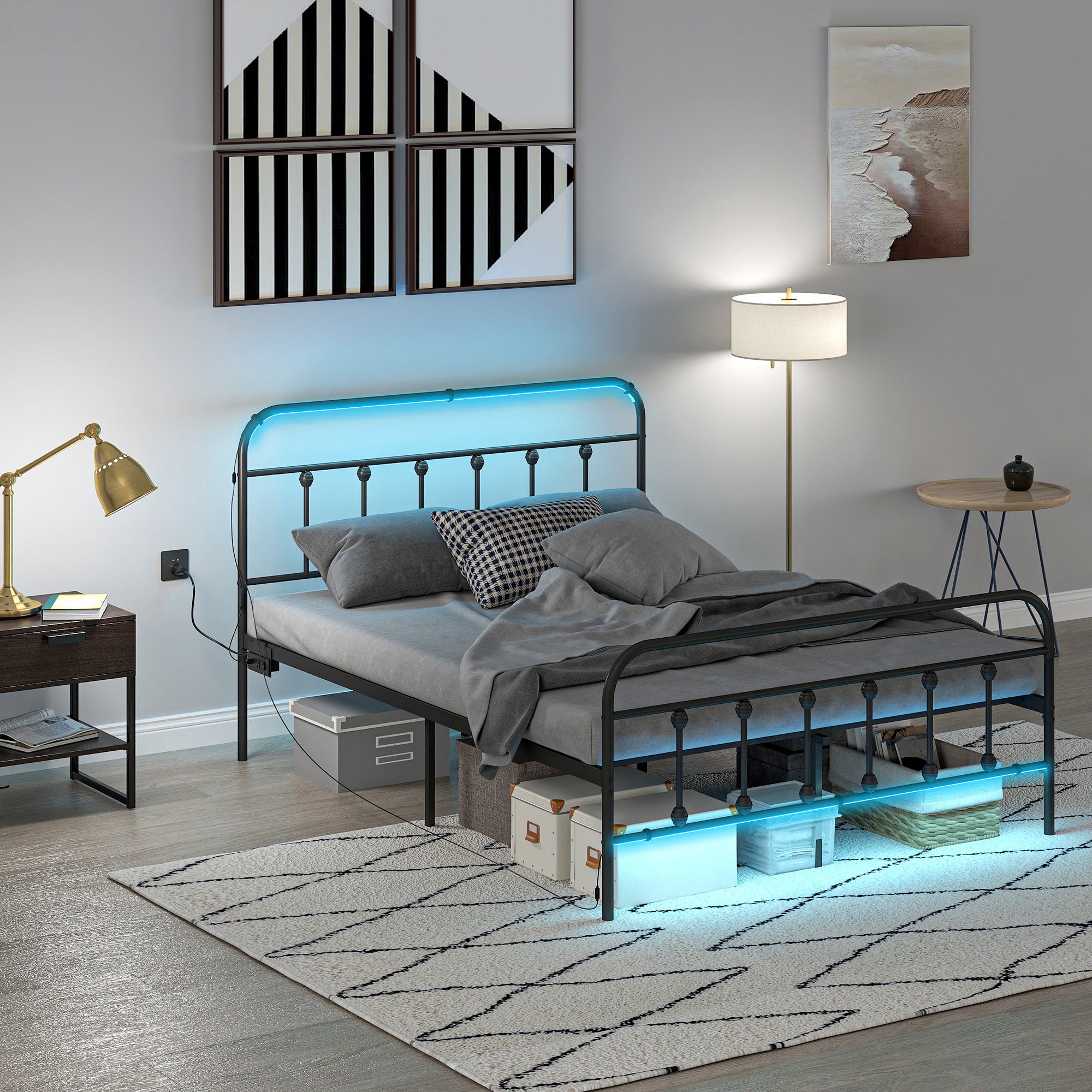 Full Bed Frame with LED Lights and Charging Station, Metal Platform Bed Frame with Under Bed Storage, Steel Slats, No Box Spring Needed, Noise Free, Easy Assembly, Black