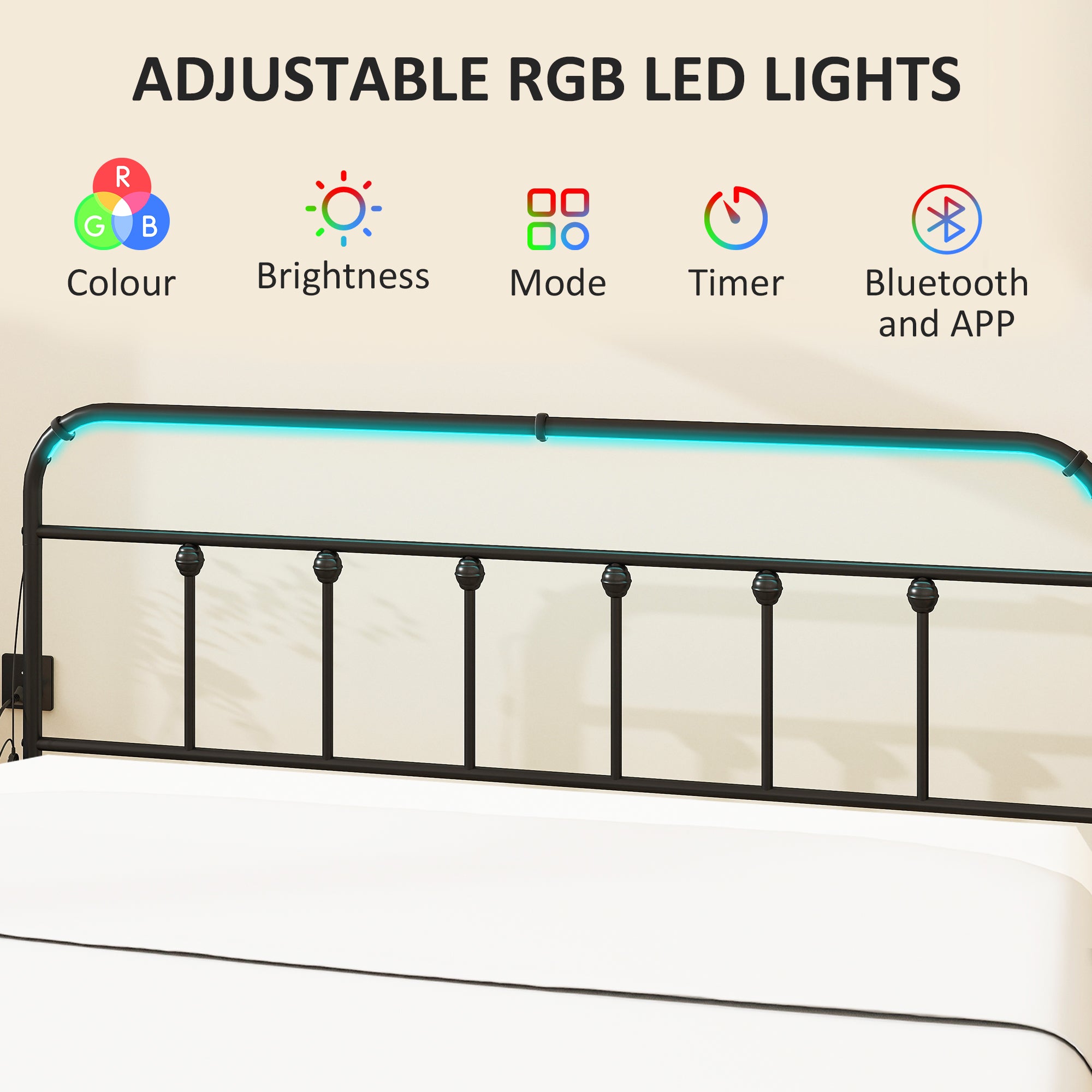 Full Bed Frame with LED Lights and Charging Station, Metal Platform Bed Frame with Under Bed Storage, Steel Slats, No Box Spring Needed, Noise Free, Easy Assembly, Black